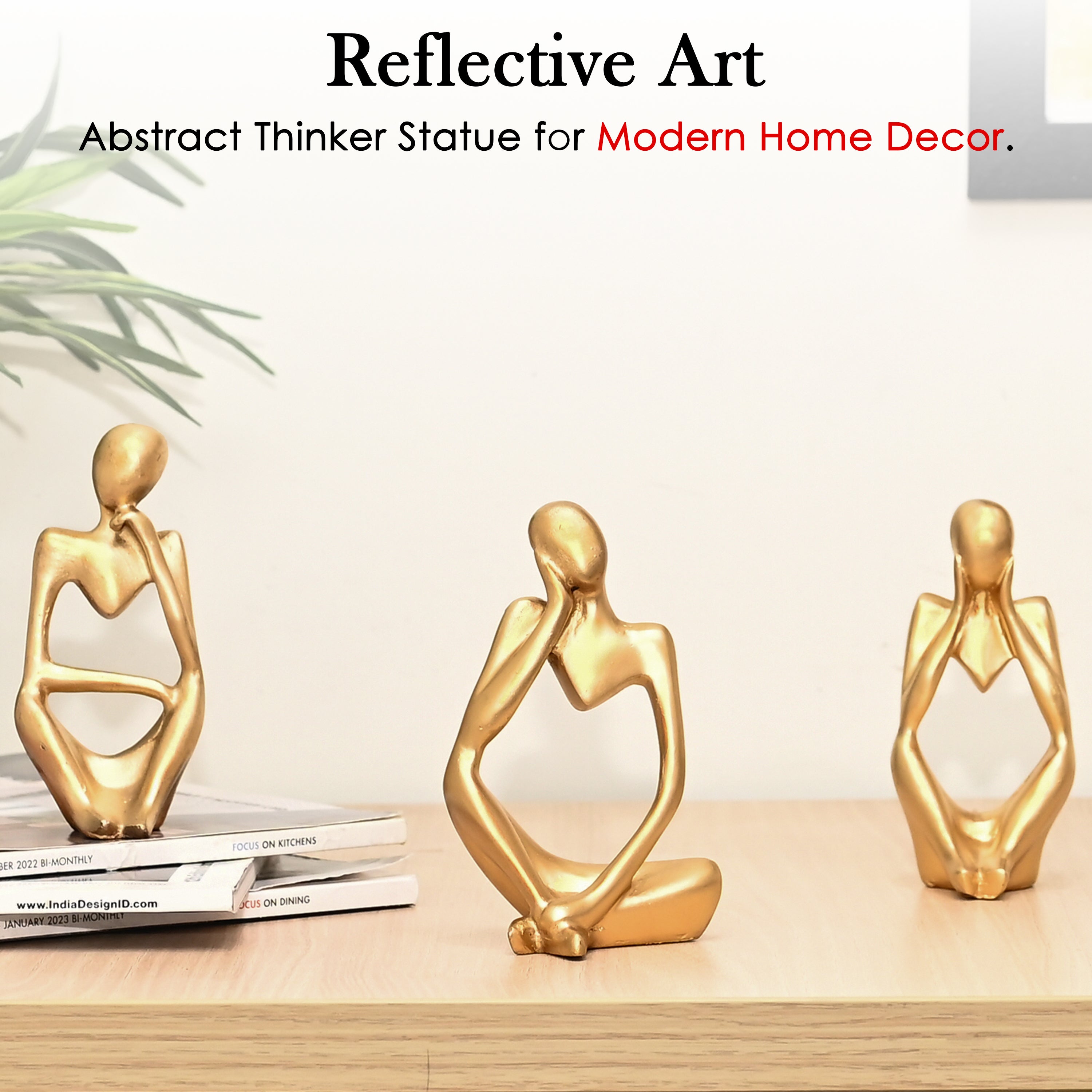 HindCraft Thinker Men Statue Set of 3 Golden Decorative Showpieces