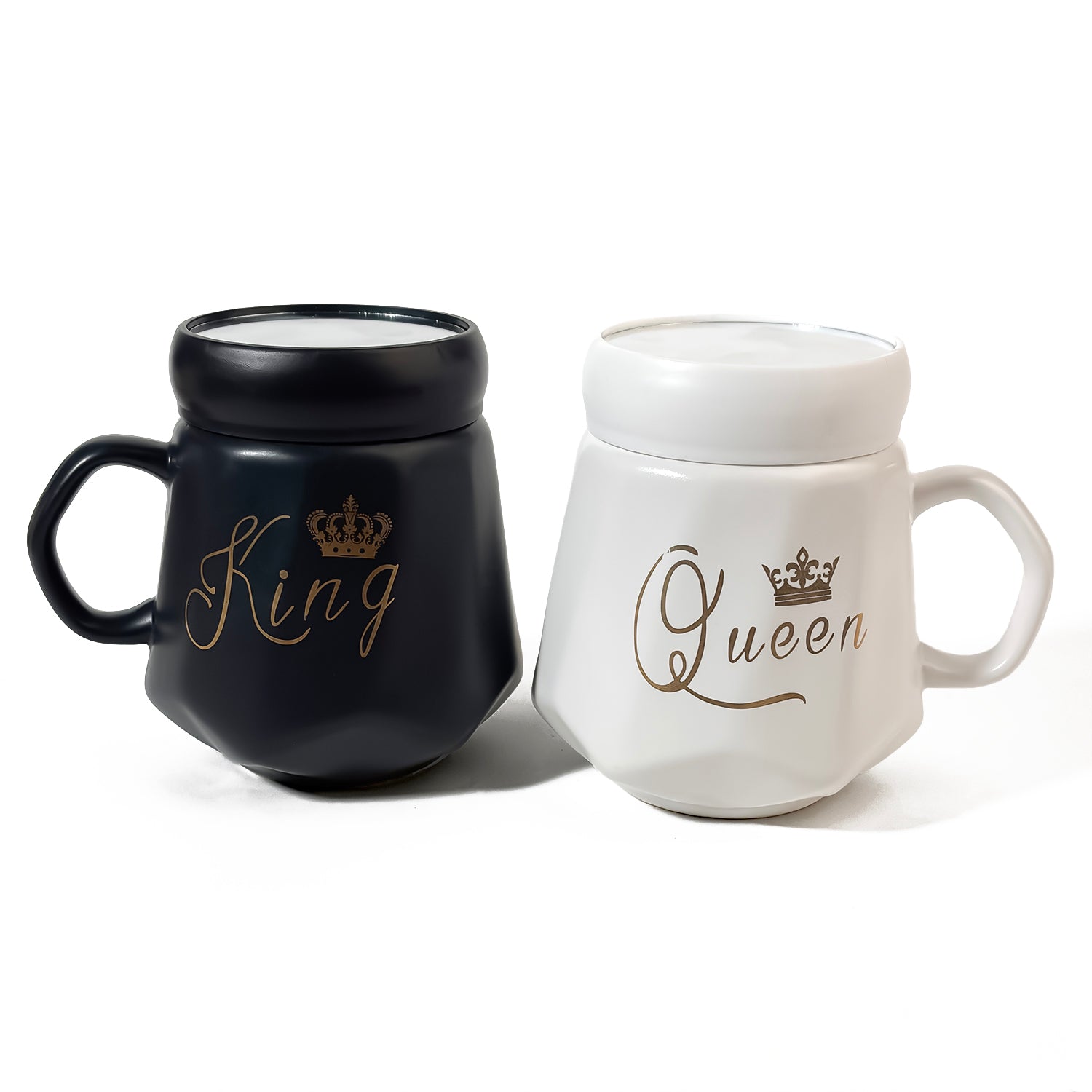 HindCraft King & Queen Ceramic Mug Set with Lids – Black & White