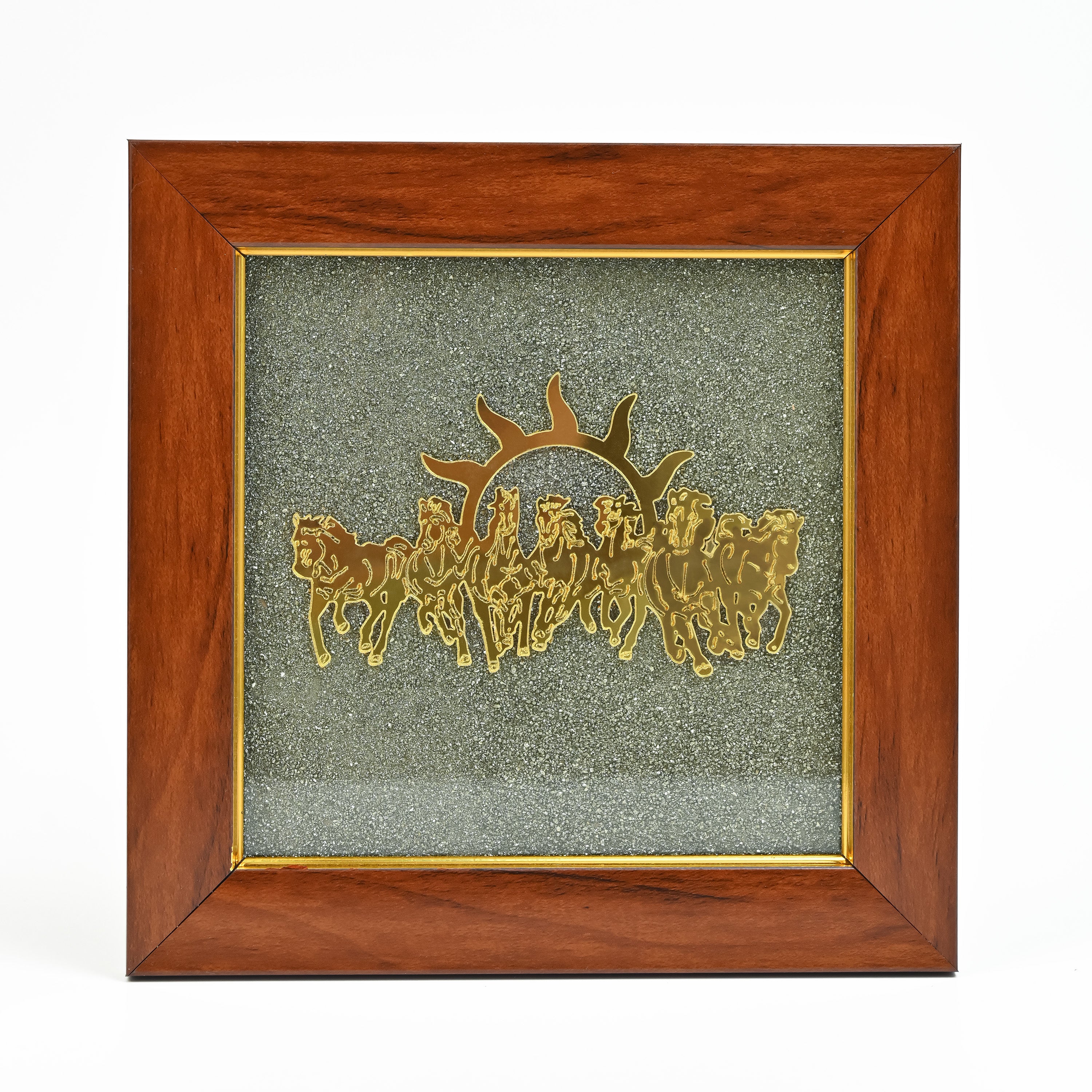 HindCraft Seven Horses Vastu Frame on Raw Pyrite Stone for Wall & Table Decor 7×7 Inch