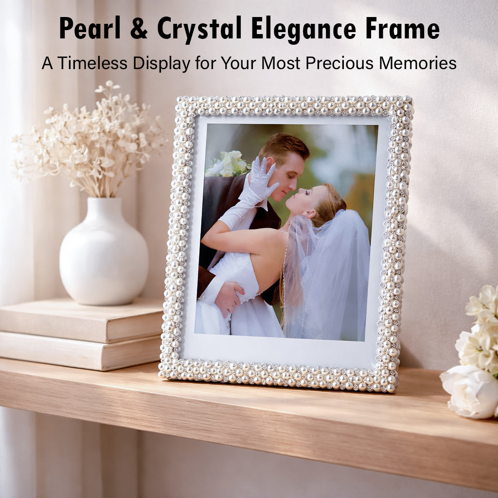 HindCraft Pearl Beaded Square Photo Frame | Elegant Decorative Picture Frame for Wedding, Anniversary, Couple & Family Photos | Tabletop Home Décor