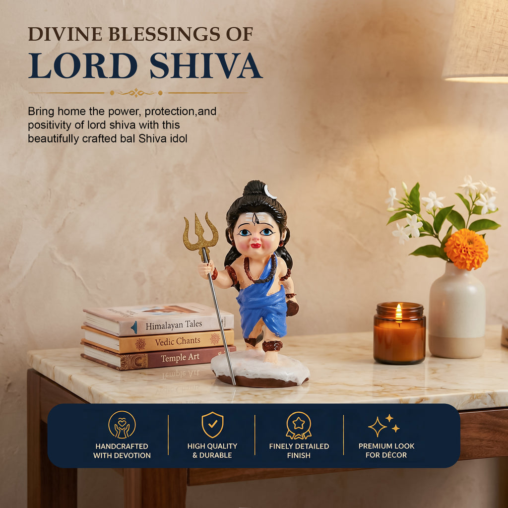 HindCraft Bal Shiv Idol with Trishul | Baby Lord Shiva Resin Showpiece for Home Temple, Office Desk & Spiritual Décor
