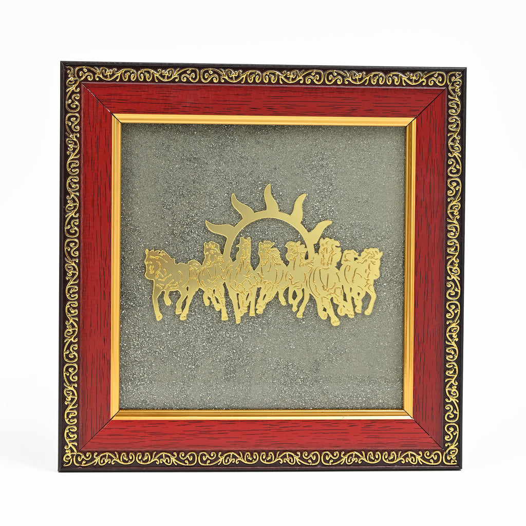 HindCraft 7 Horses Vastu Frame on Raw Pyrite Stone for Wall & Table Décor 7×7 Inch