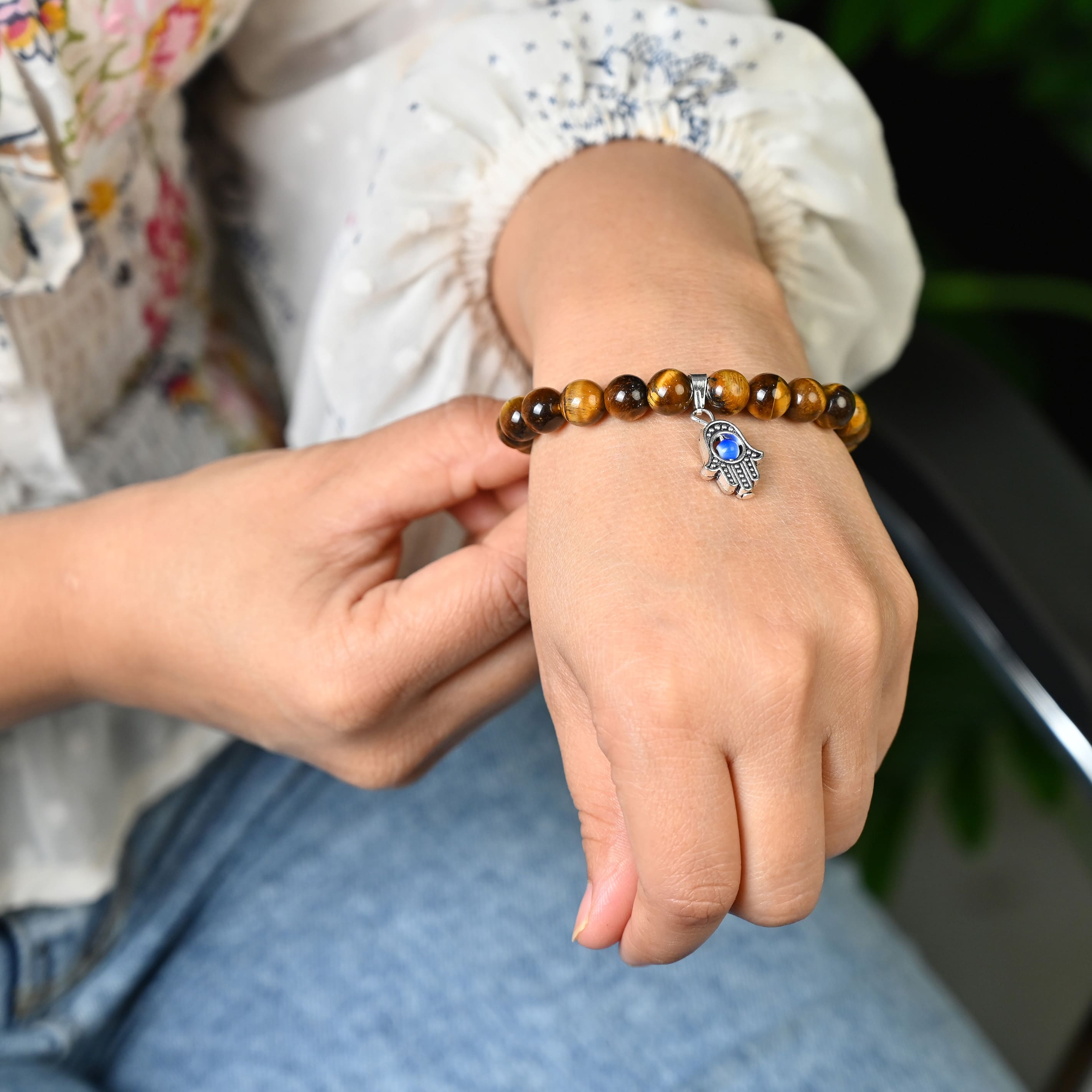 HindCraft Tiger Eye Evil Eye Bracelet with Hamsa Charm for Style
