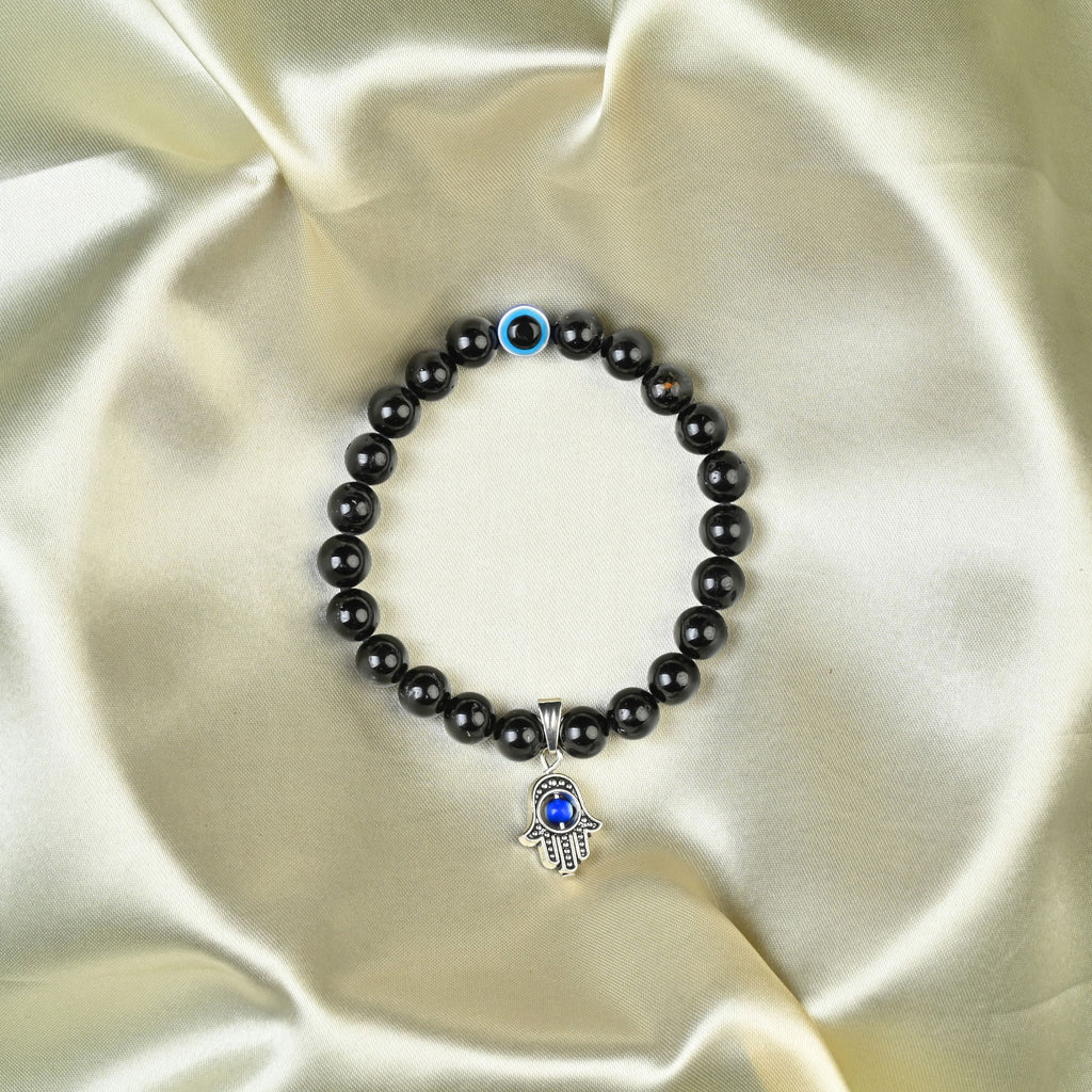 HindCraft Black Tourmaline Evil Eye Bracelet with Hamsa Protection