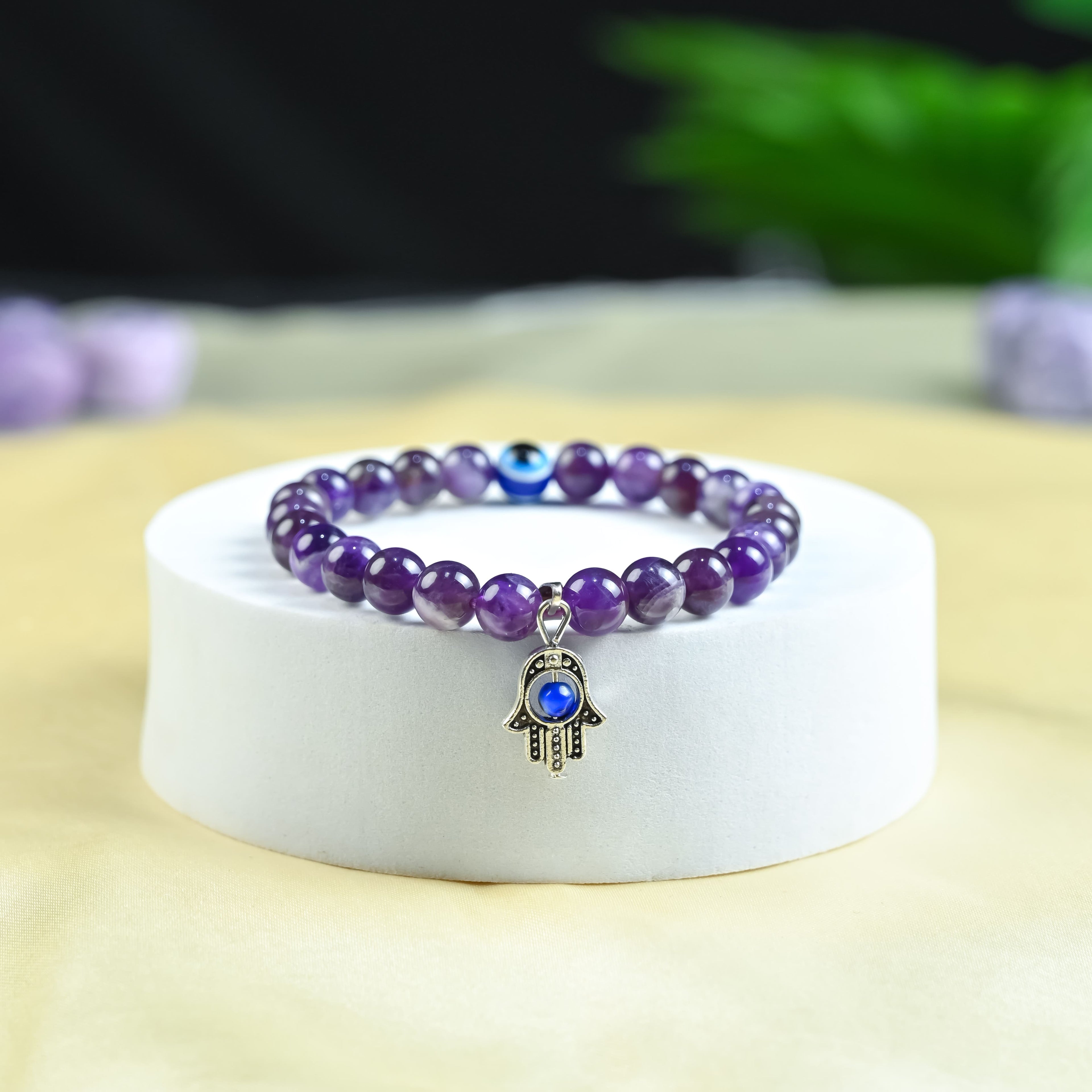 HindCraft Amethyst Evil Eye Bracelet with Hamsa Charm for Balance
