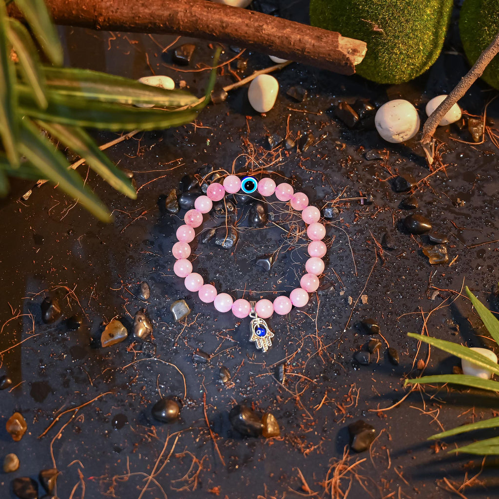 HindCraft Rose Quartz Evil Eye Bracelet with Hamsa Charm for Women