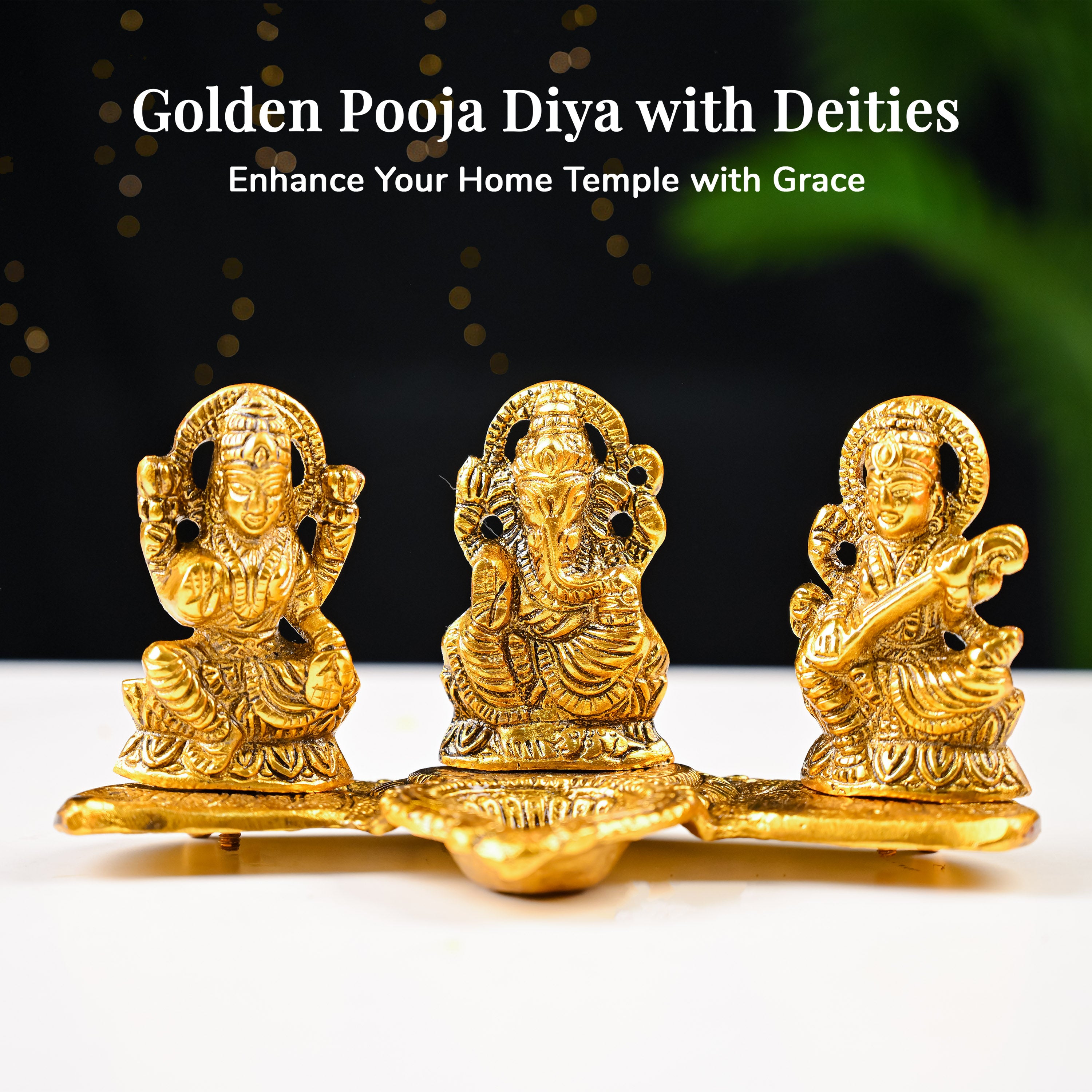 HindCraft Laxmi Ganesh Saraswati Golden Diya Stand for Home Temple, Pooja Room & Festive Décor