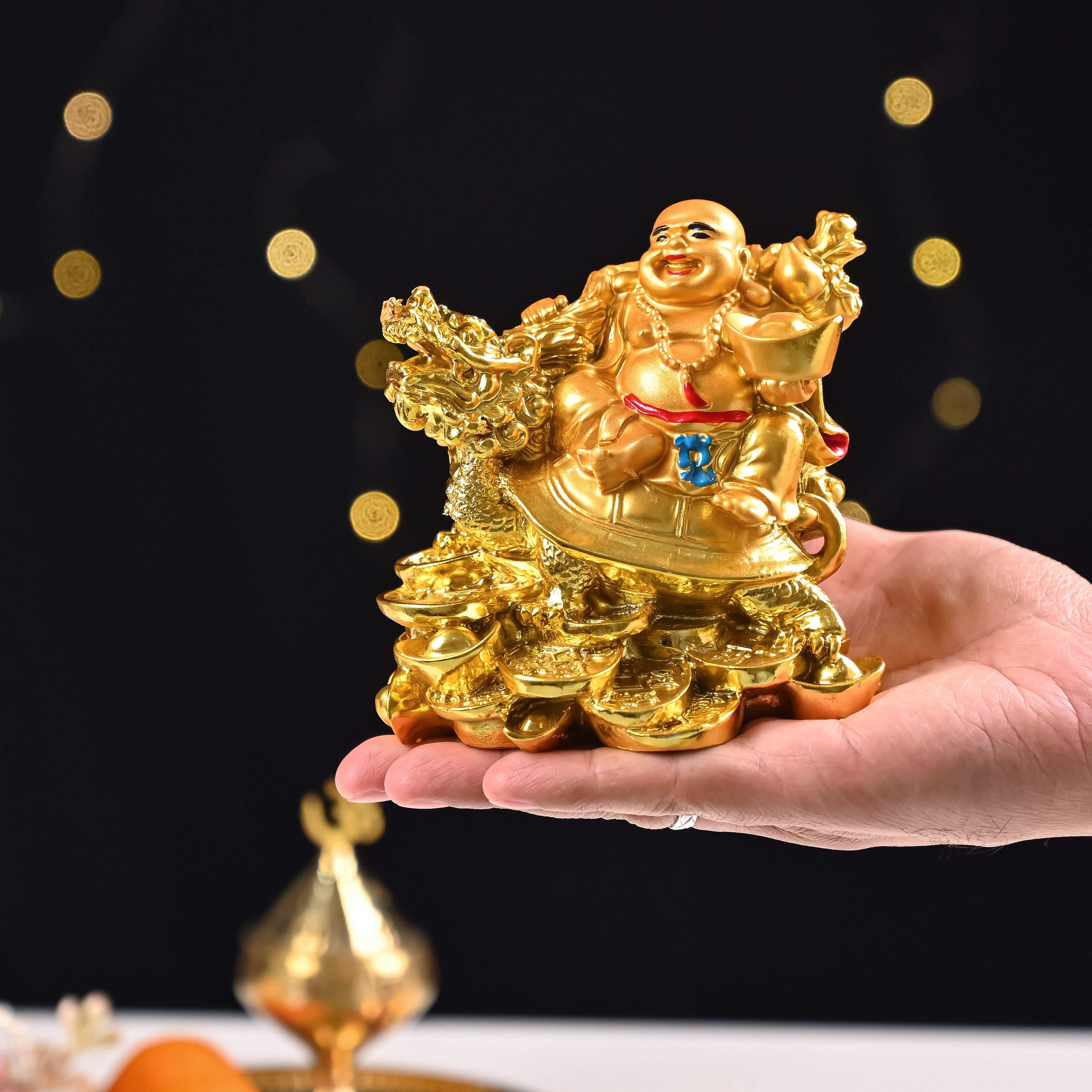 HindCraft Golden Laughing Buddha on Dragon Turtle Showpiece for Home, Office & Wealth Décor