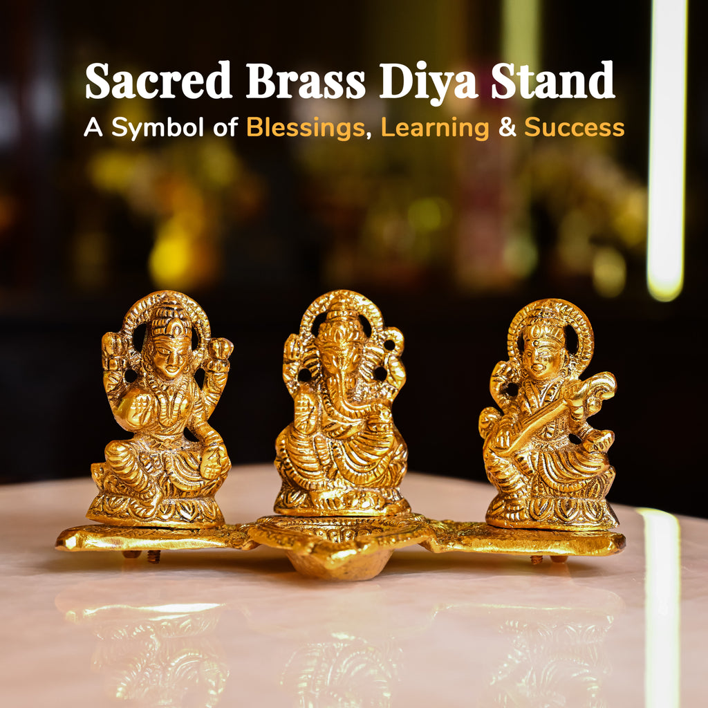 HindCraft Laxmi Ganesh Saraswati Golden Diya Stand for Home Temple, Pooja Room & Festive Décor