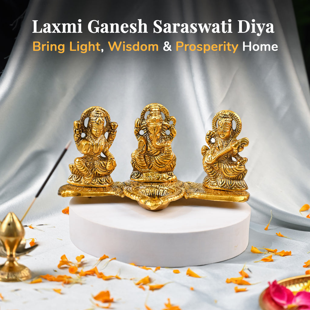 HindCraft Laxmi Ganesh Saraswati Golden Diya Stand for Home Temple, Pooja Room & Festive Décor