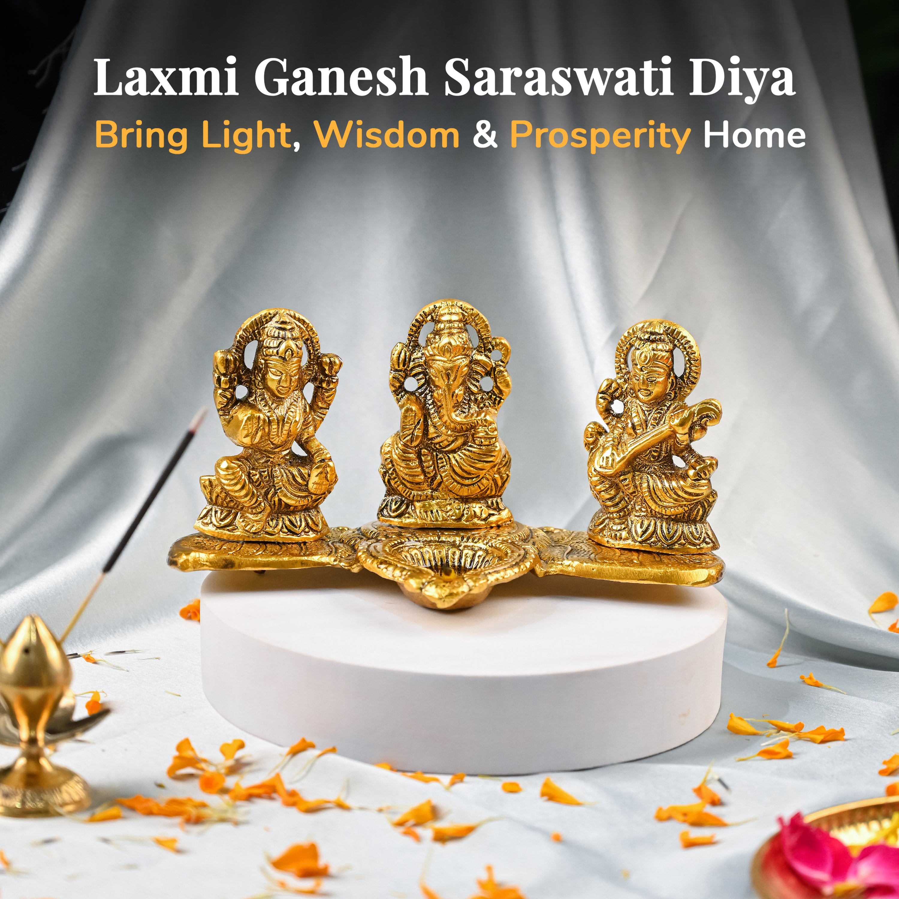 HindCraft Laxmi Ganesh Saraswati Golden Diya Stand for Home Temple, Pooja Room & Festive Décor