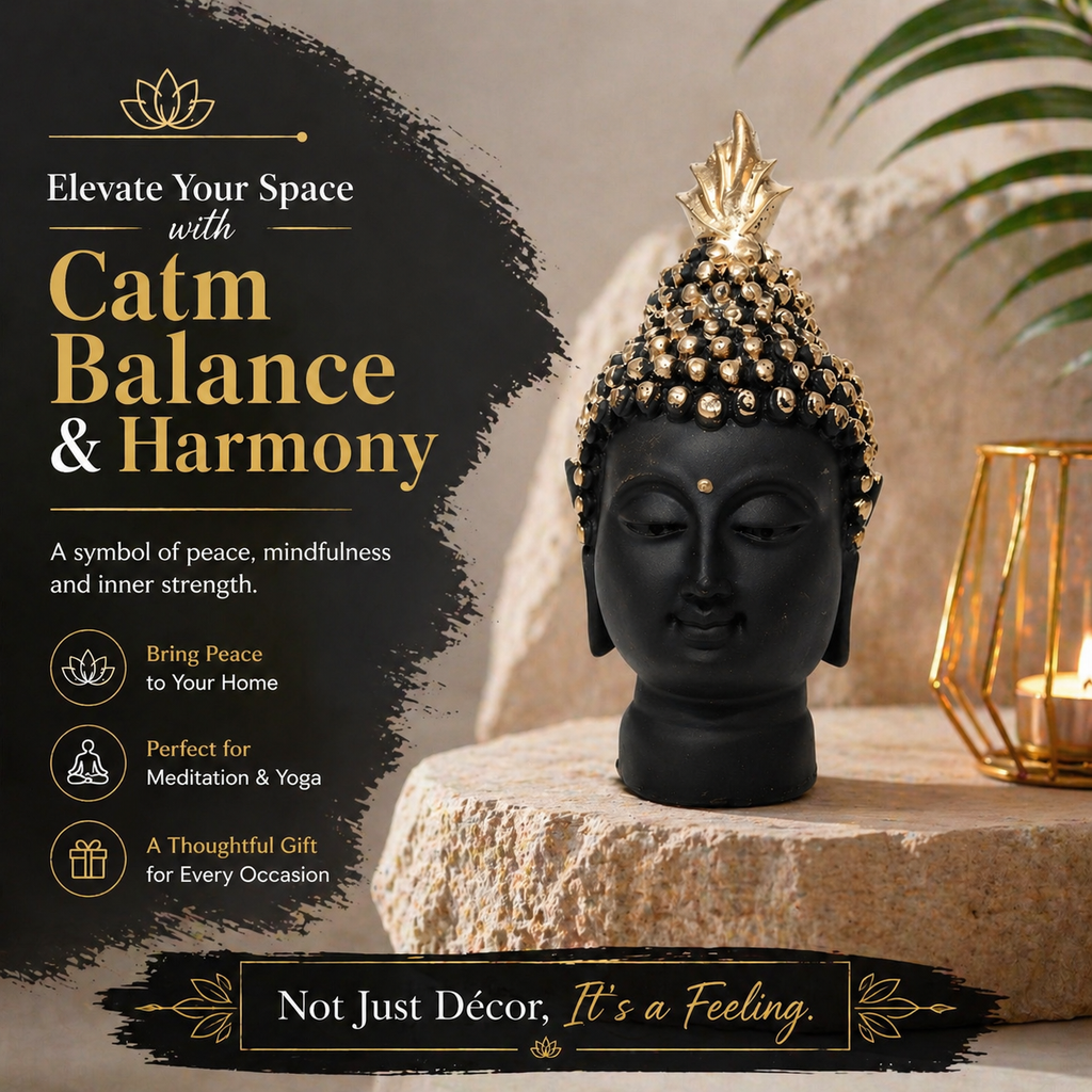 HindCraft Black Buddha Head Statue for Home Decor & Office Display