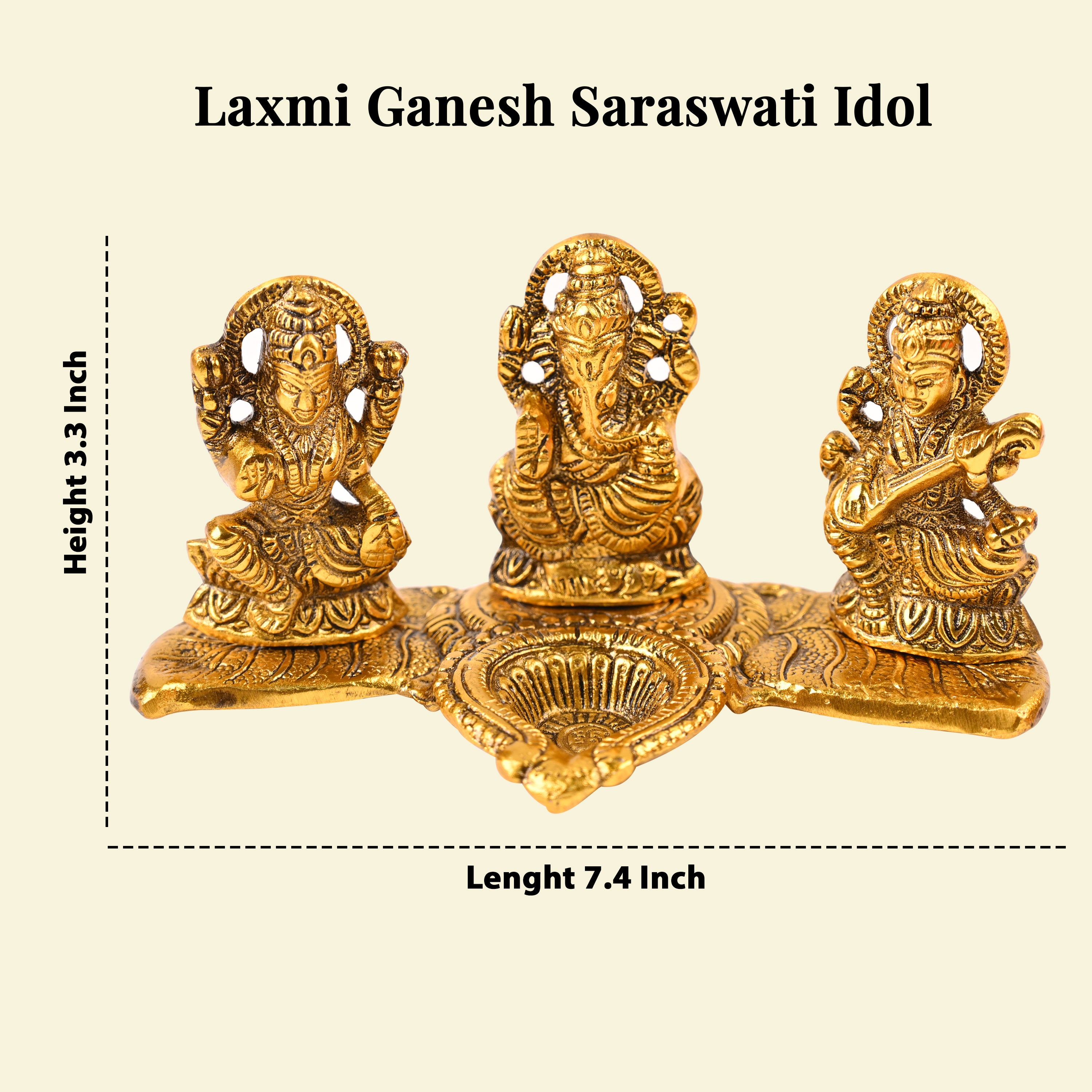 HindCraft Laxmi Ganesh Saraswati Golden Diya Stand for Home Temple, Pooja Room & Festive Décor