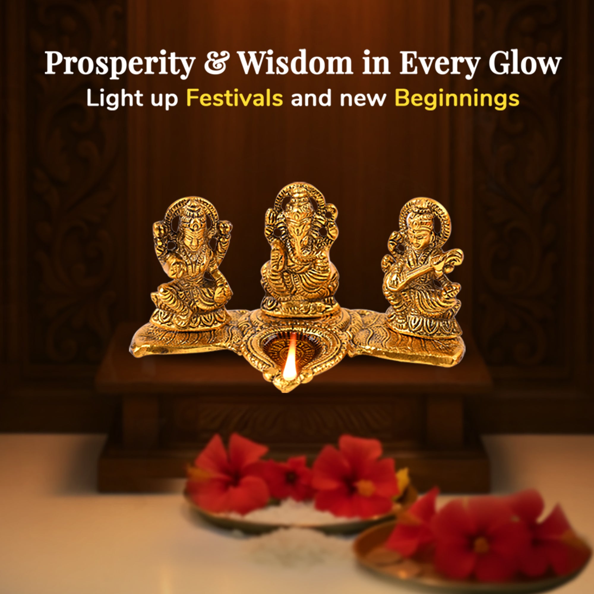 HindCraft Laxmi Ganesh Saraswati Golden Diya Stand for Home Temple, Pooja Room & Festive Décor