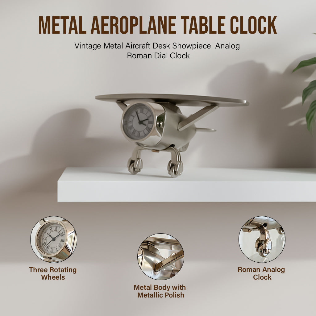 HindCraft Metal Aeroplane Table Clock with Roman Dial for Home & Office Décor