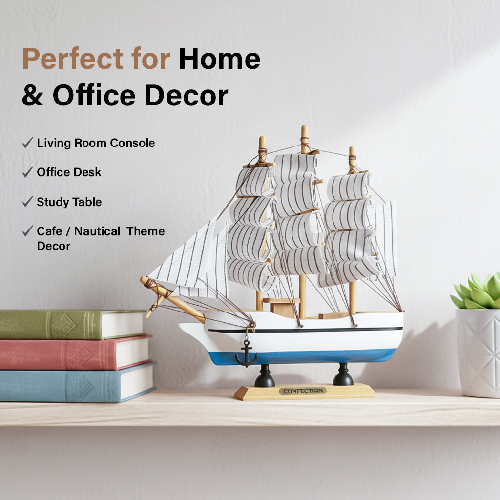 HindCraft Handmade Wooden Sailing Ship Model | Decorative Nautical Boat Showpiece for Home, Office Desk & Living Room Décor