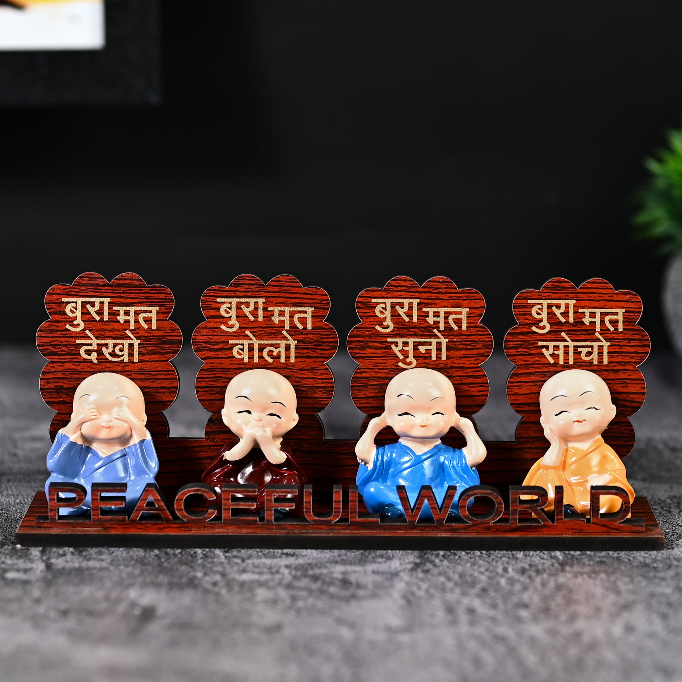 HindCraft Peaceful World Four Monk Showpiece with Hindi Quotes for Home Décor