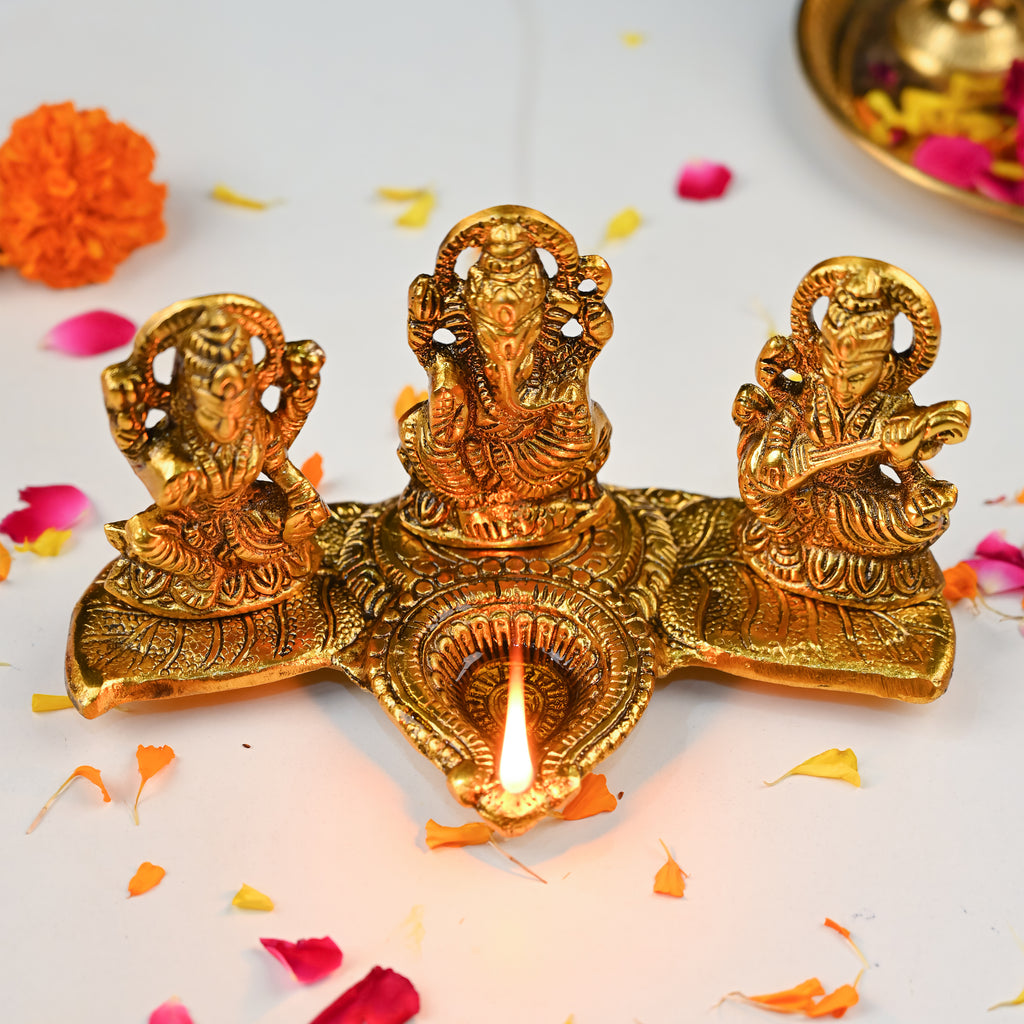 HindCraft Laxmi Ganesh Saraswati Golden Diya Stand for Home Temple, Pooja Room & Festive Décor