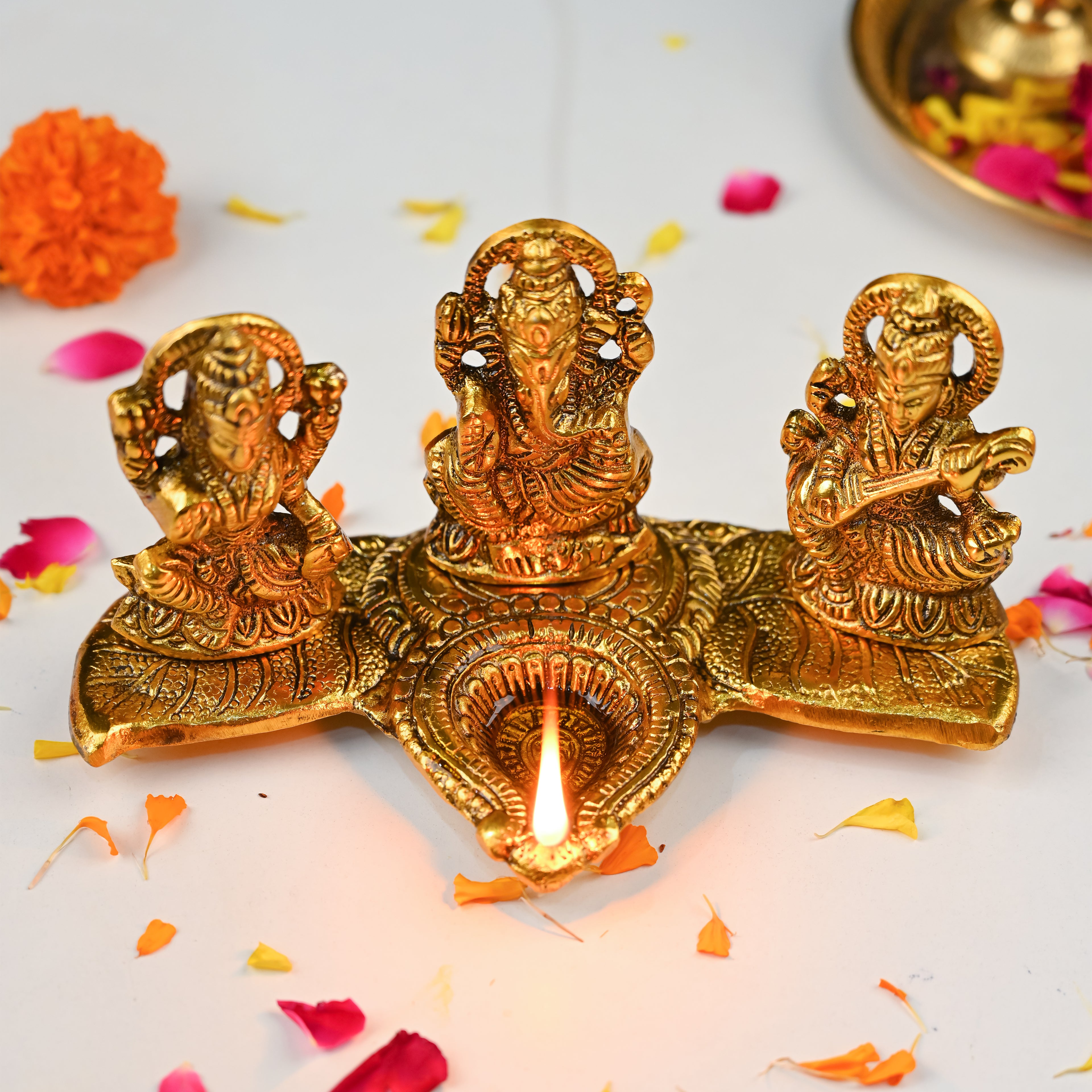HindCraft Laxmi Ganesh Saraswati Golden Diya Stand for Home Temple, Pooja Room & Festive Décor