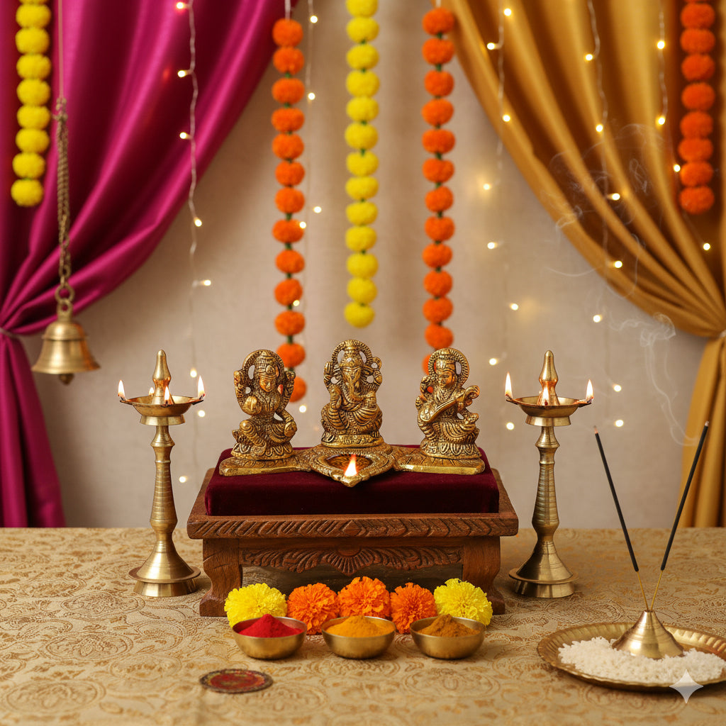 HindCraft Laxmi Ganesh Saraswati Golden Diya Stand for Home Temple, Pooja Room & Festive Décor