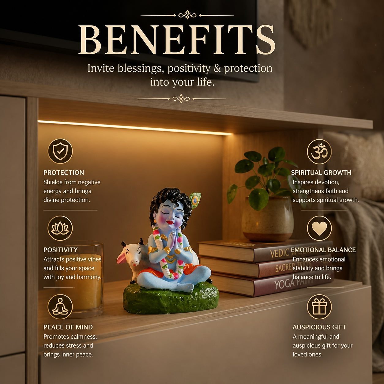 HindCraft Bal Krishna Praying Idol with Cow | Cute Baby Krishna Resin Showpiece for Home Temple, Car Dashboard & Office Décor