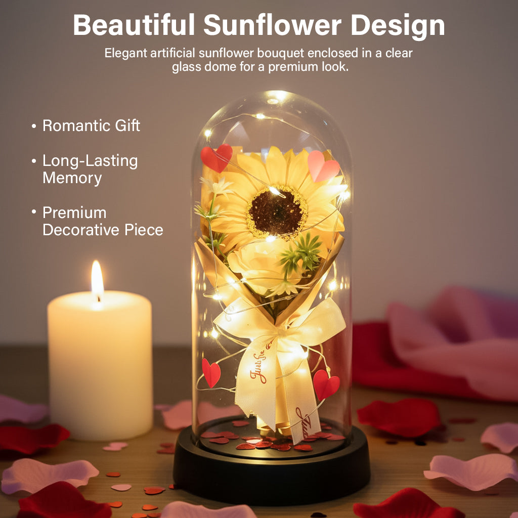 HindCraft Artificial Sunflower Glass Dome with LED Lights for Home Décor & Gifting