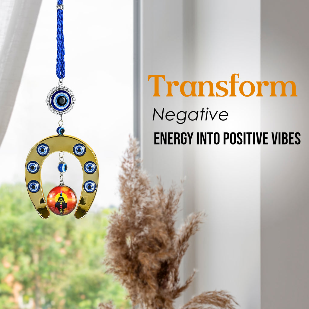 HindCraft Evil Eye Horseshoe Hanging with Meditation Charm for Home Entrance, Door, Wall & Office Décor