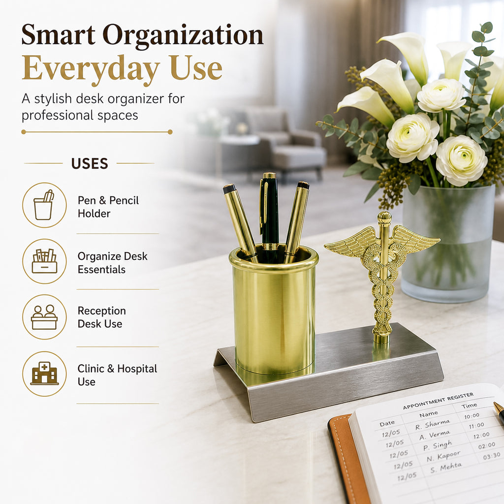 HindCraft Medical Caduceus Pen Stand for Desk | Gold Metal Doctor Pen Holder & Office Desk Organizer