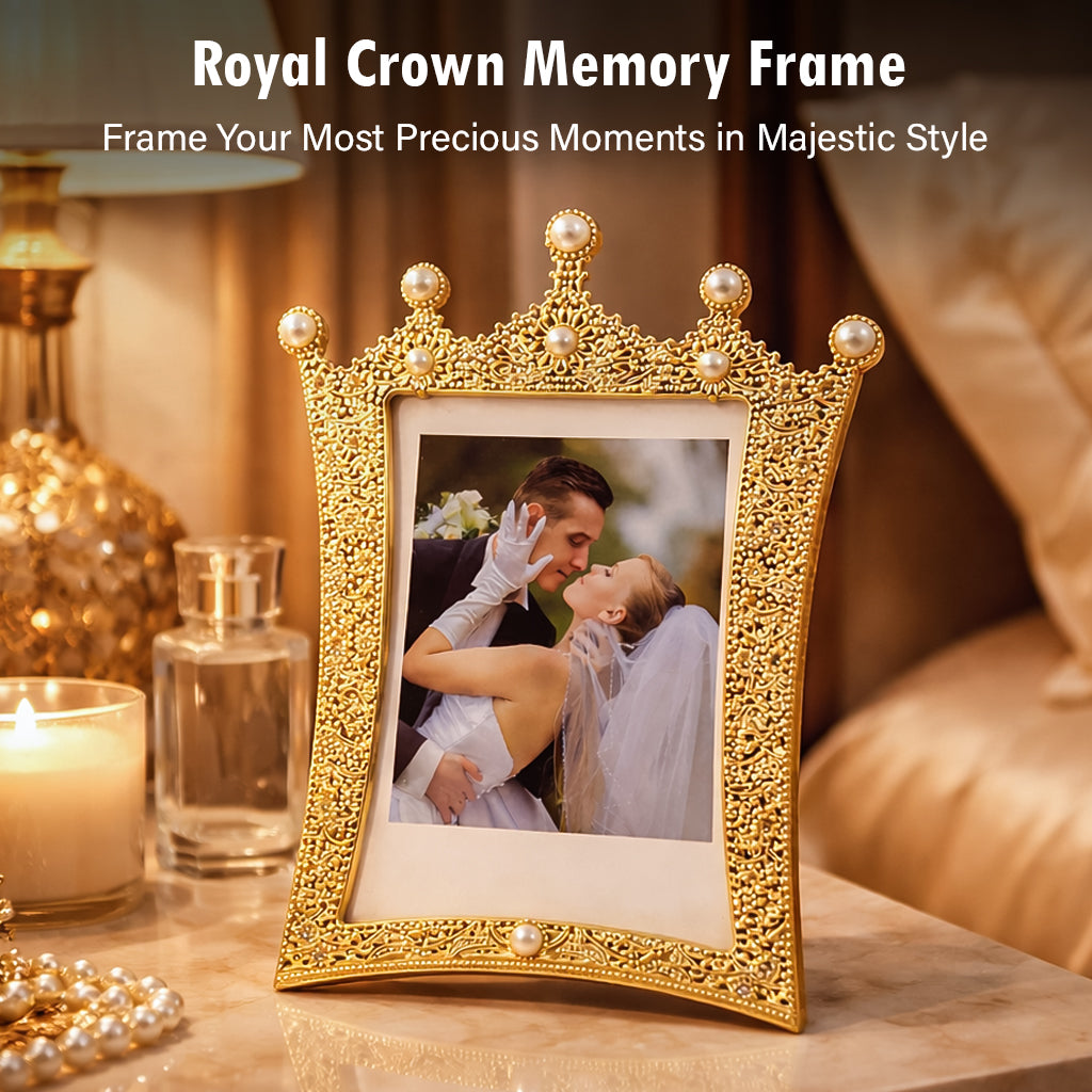 HindCraft Royal Crown Pearl Photo Frame | Luxury Golden Picture Frame for Wedding, Anniversary, Couple & Home Décor
