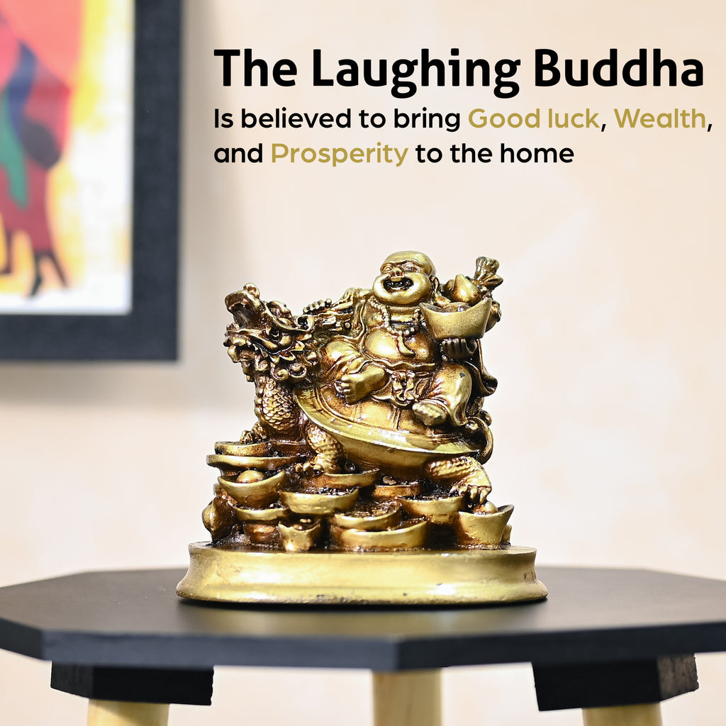 HindCraft Golden Laughing Buddha on Dragon Turtle with Wealth Ingots for Home, Office, Shop & Business Décor