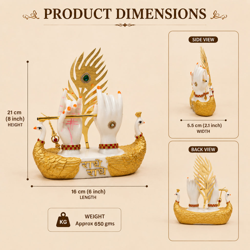 HindCraft Radha Krishna Hand Showpiece with Flute, Peacock Feather & Peacock Pair for Car Dashboard, Home & Temple Décor