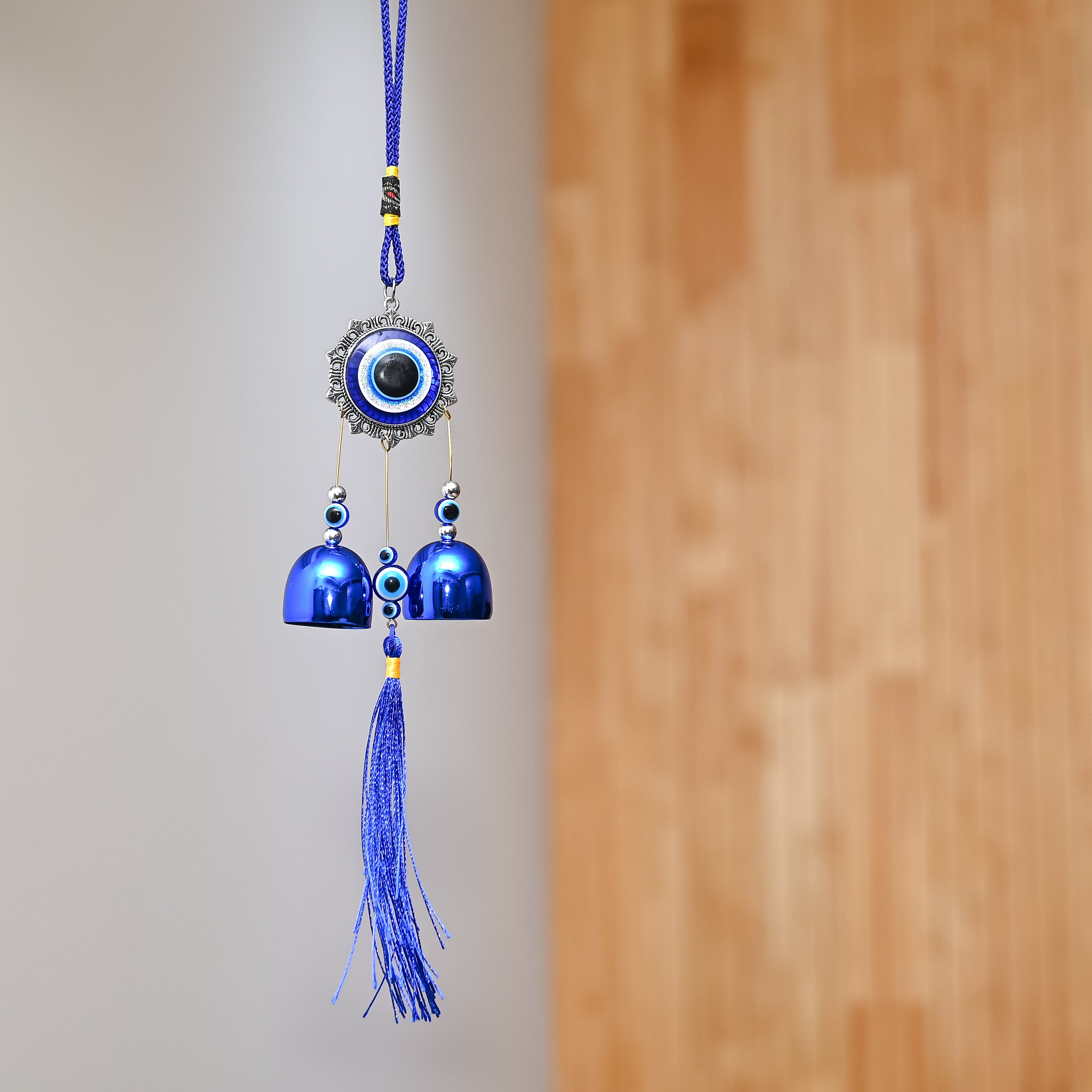HindCraft Evil Eye Wind Chime Hanging with Blue Bells & Tassel for Home Entrance, Balcony, Door & Wall Décor