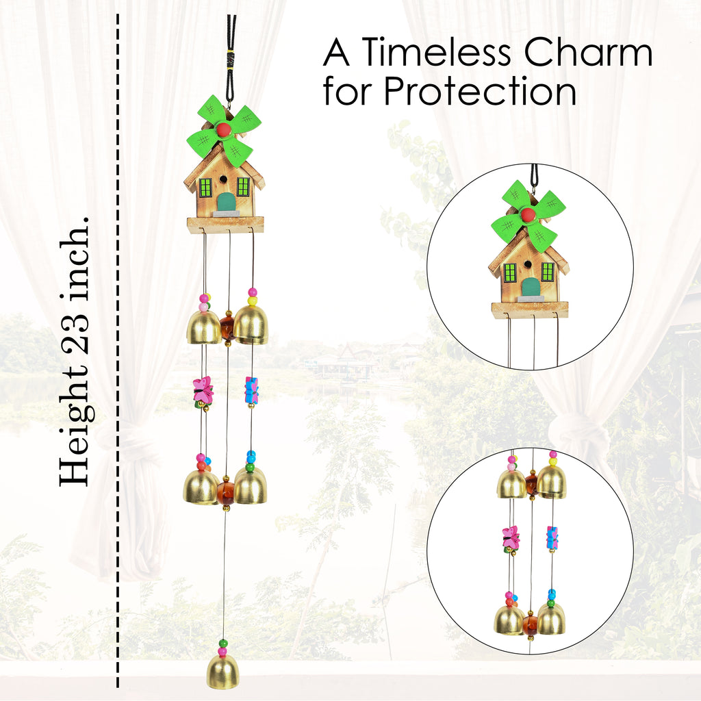 HindCraft Wooden House Wind Chime with 9 Brass Bells for Home Decor