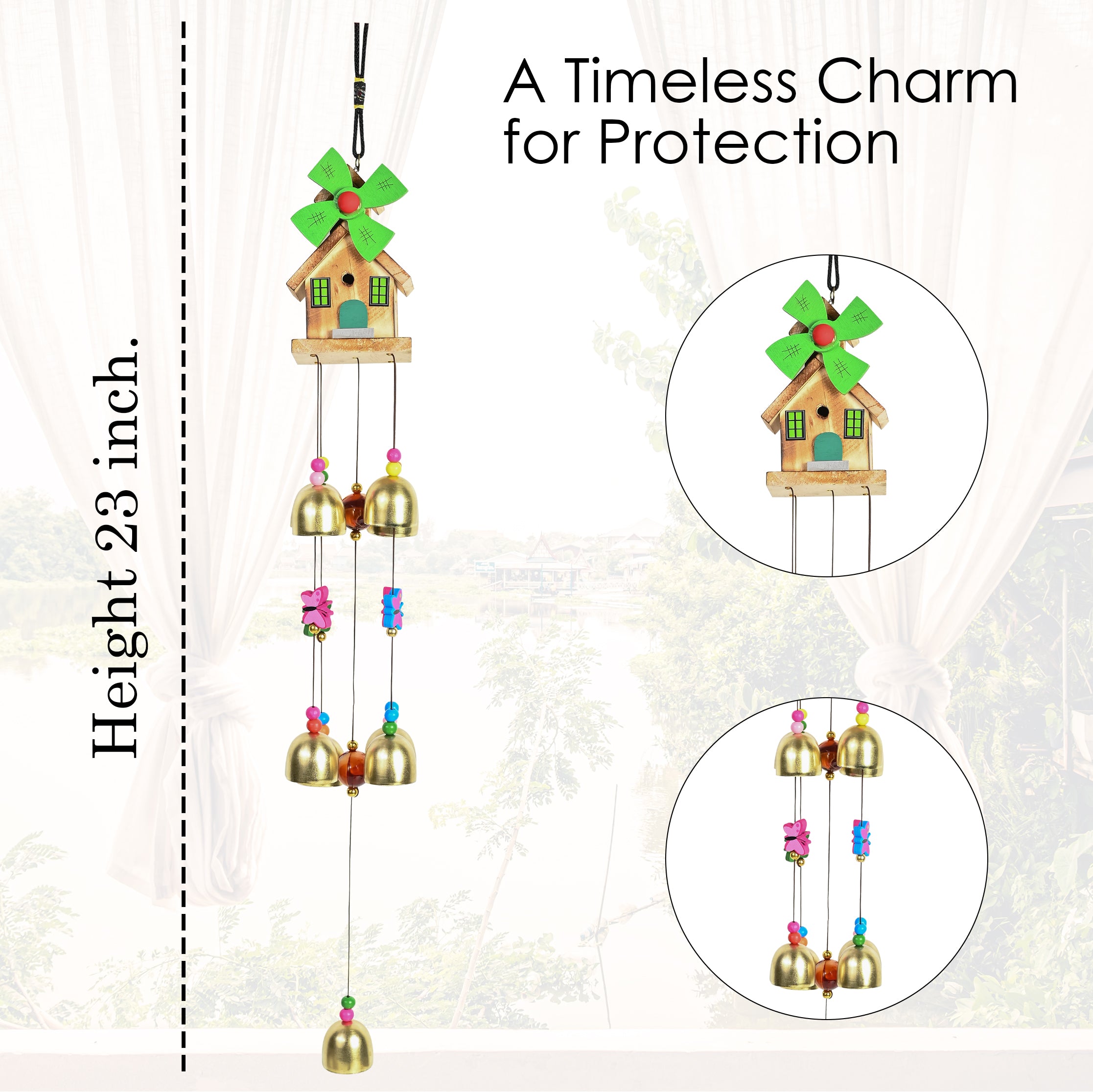 HindCraft Wooden House Wind Chime with 9 Brass Bells for Home Decor