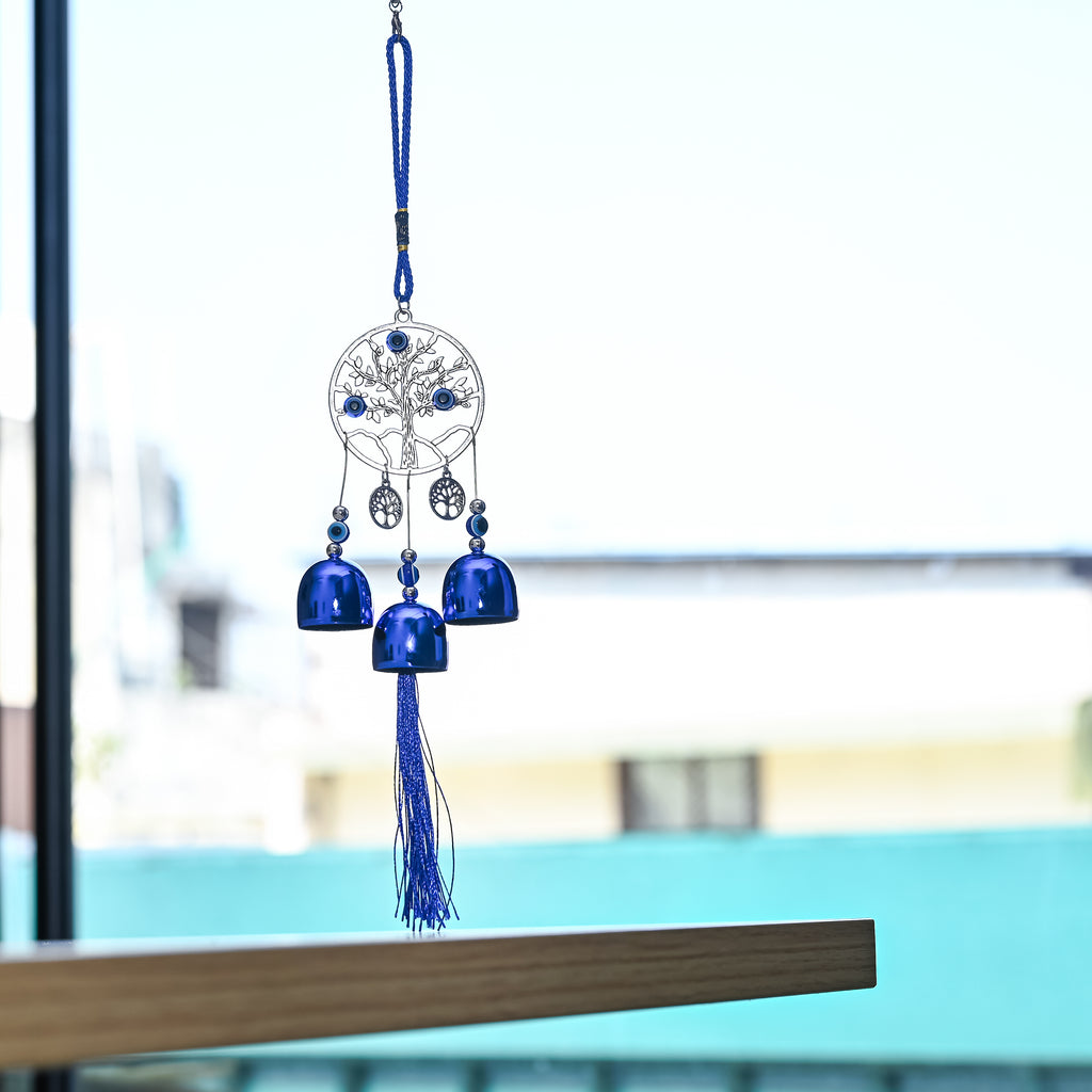 HindCraft Tree of Life Evil Eye Hanging with Blue Bells & Tassel | Turkish Nazar Wall & Door Decor