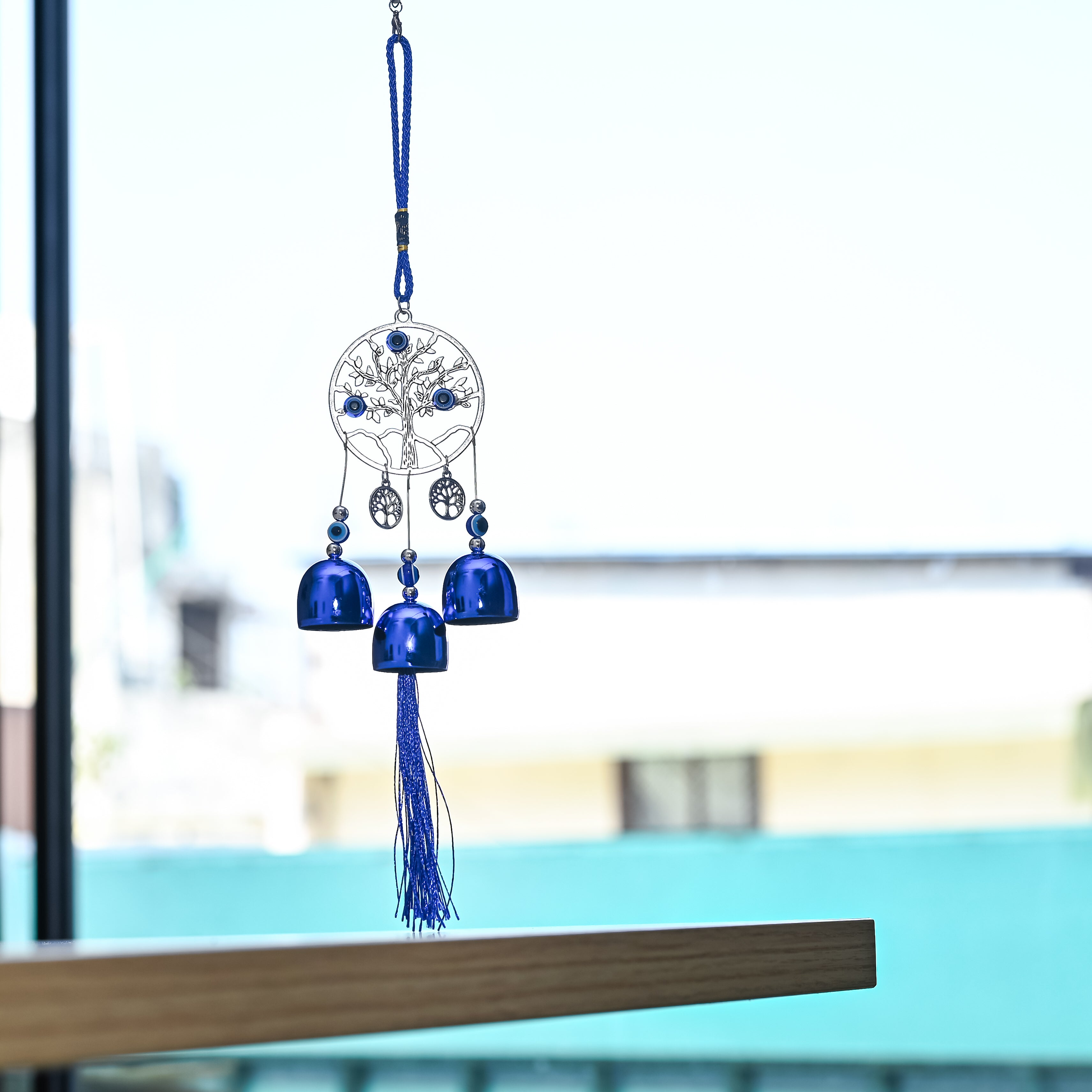 HindCraft Tree of Life Evil Eye Hanging with Blue Bells & Tassel | Turkish Nazar Wall & Door Decor