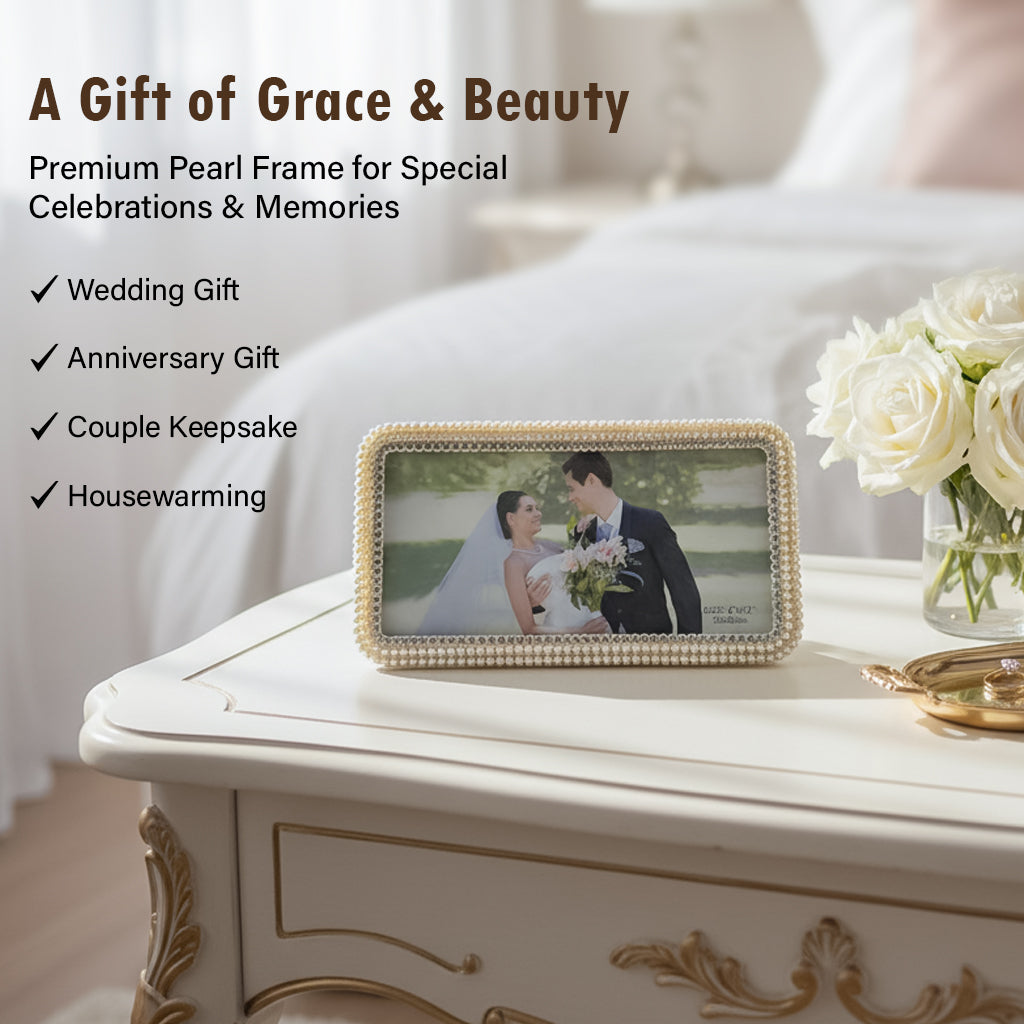 HindCraft Pearl Beaded Photo Frame | Elegant Decorative Picture Frame for Wedding, Anniversary, Family Photos & Home Décor