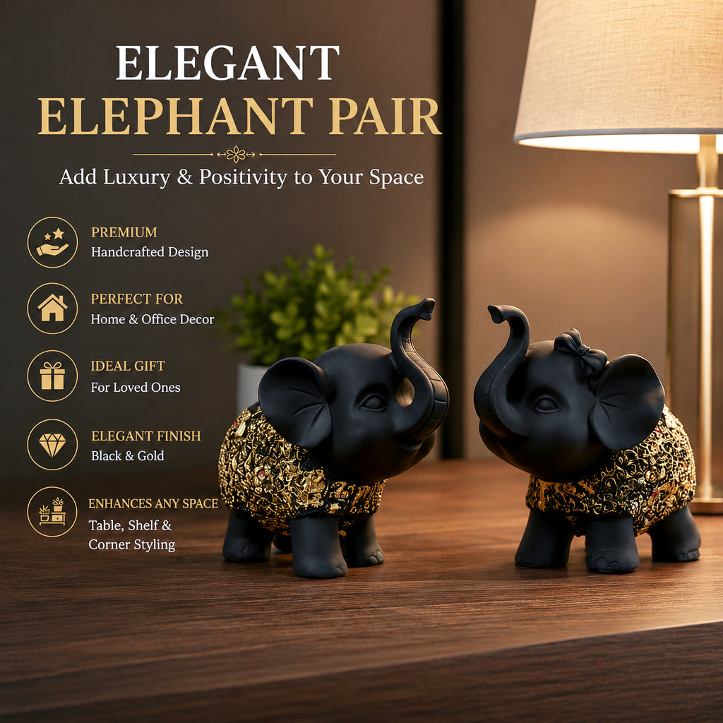 HindCraft Black Elephant Showpiece Set of 2 | Decorative Elephant Figurines for Home, Office & Living Room Decor