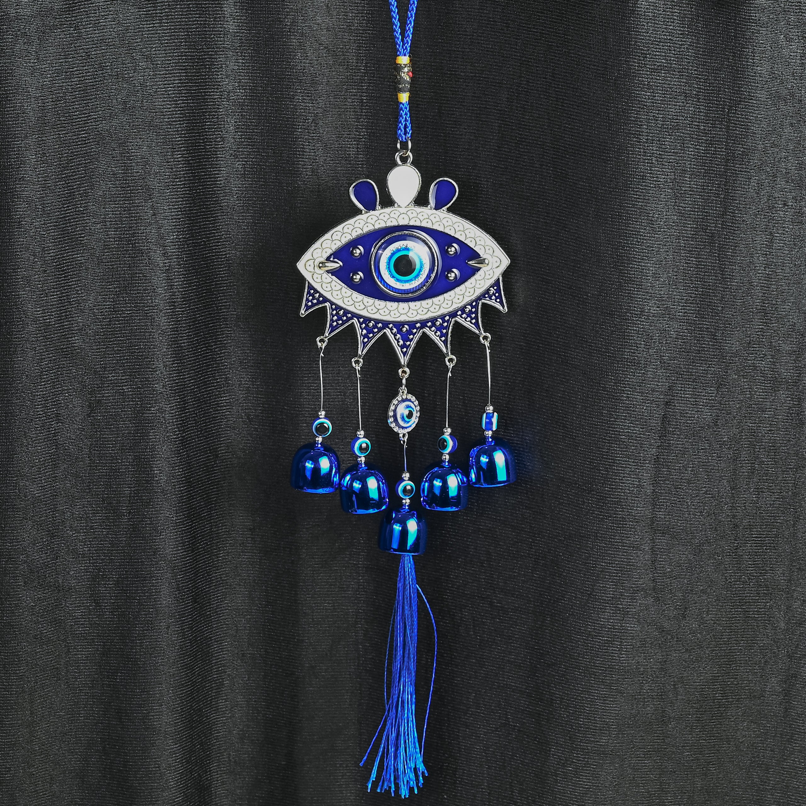 HindCraft Hamsa Evil Eye Hanging with Blue Bells & Tassel | Turkish Nazar Wall & Door Decor