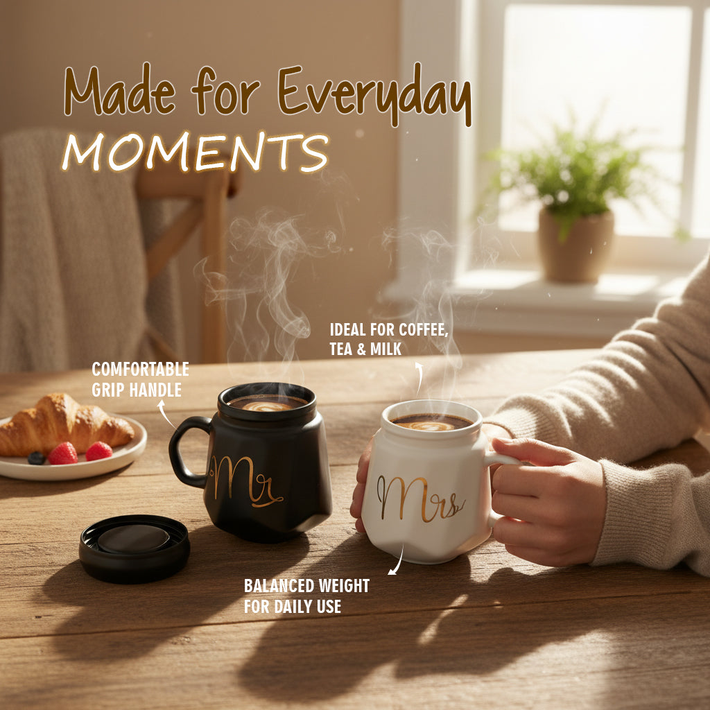 HindCraft Mr & Mrs Ceramic Mug Set with Lids – Black & White