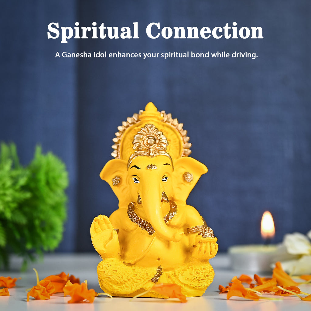 HindCraft Yellow Ganesha Idol with Golden Detailing for Car Dashboard, Home Temple, Office Desk & Gifting
