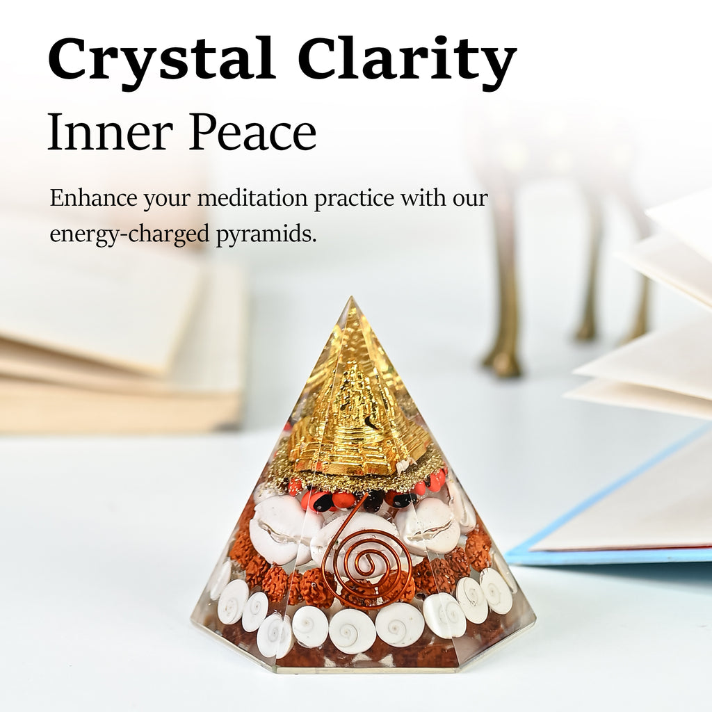 HindCraft Lakshmi Shree Yantra Orgonite Pyramid with Gomti Chakra, Rudraksha, Kaudi Shells and Copper Coil for Vastu Home Décor