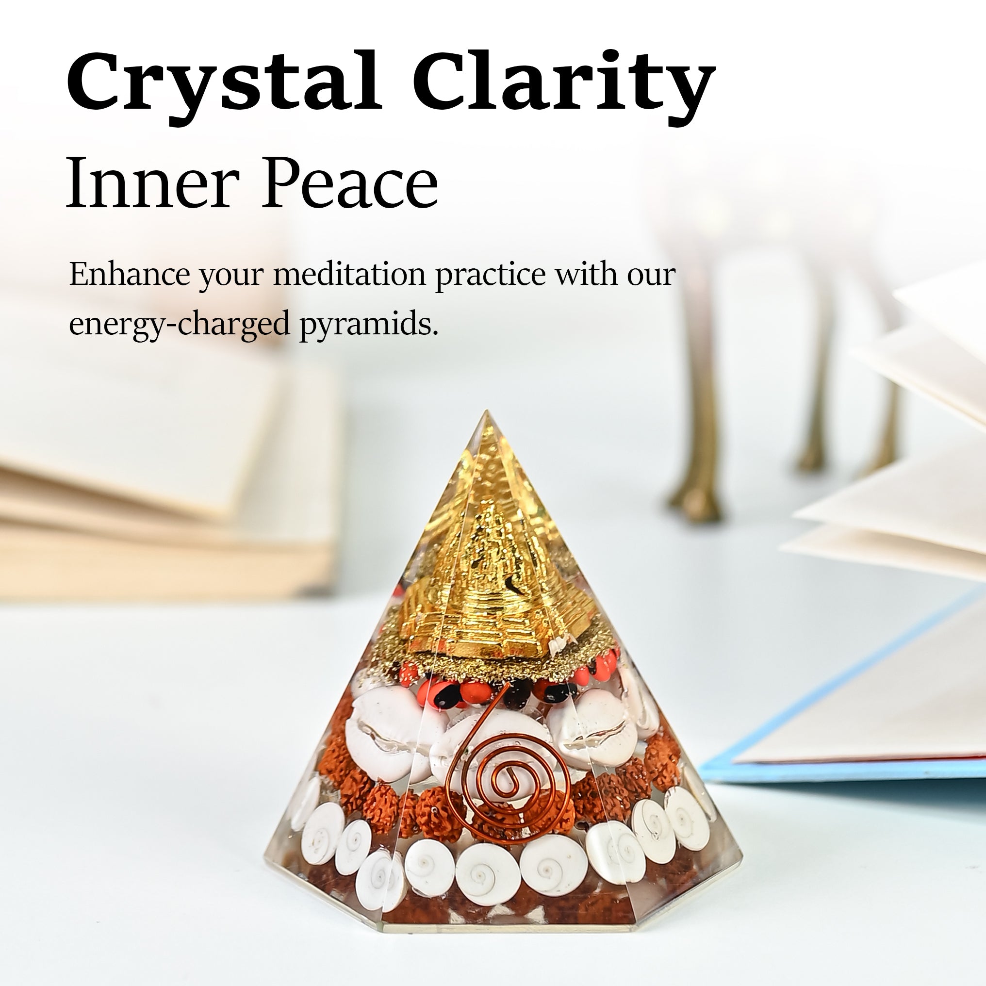 HindCraft Lakshmi Shree Yantra Orgonite Pyramid with Gomti Chakra, Rudraksha, Kaudi Shells and Copper Coil for Vastu Home Décor