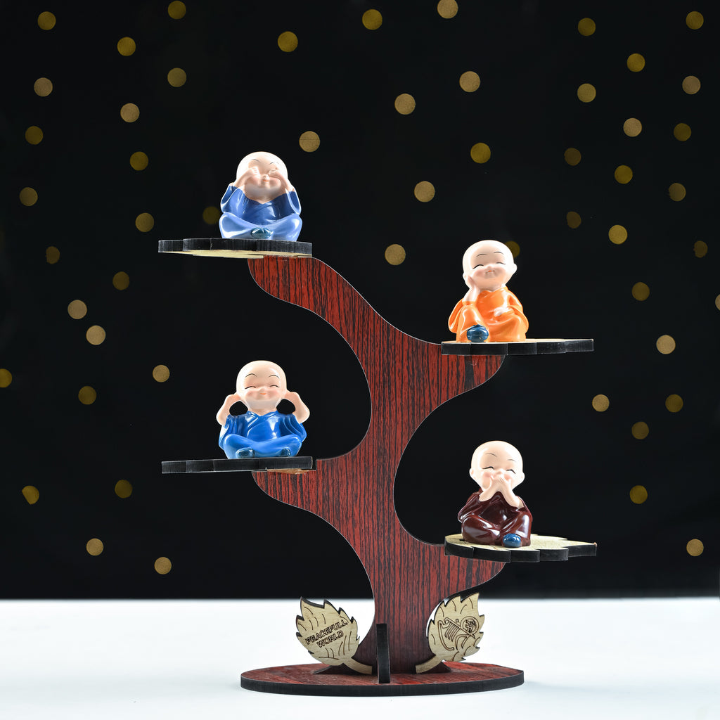 HindCraft 4 Monk Figurine Tree Showpiece with Wooden Stand for Home, Office Desk & Tabletop Décor
