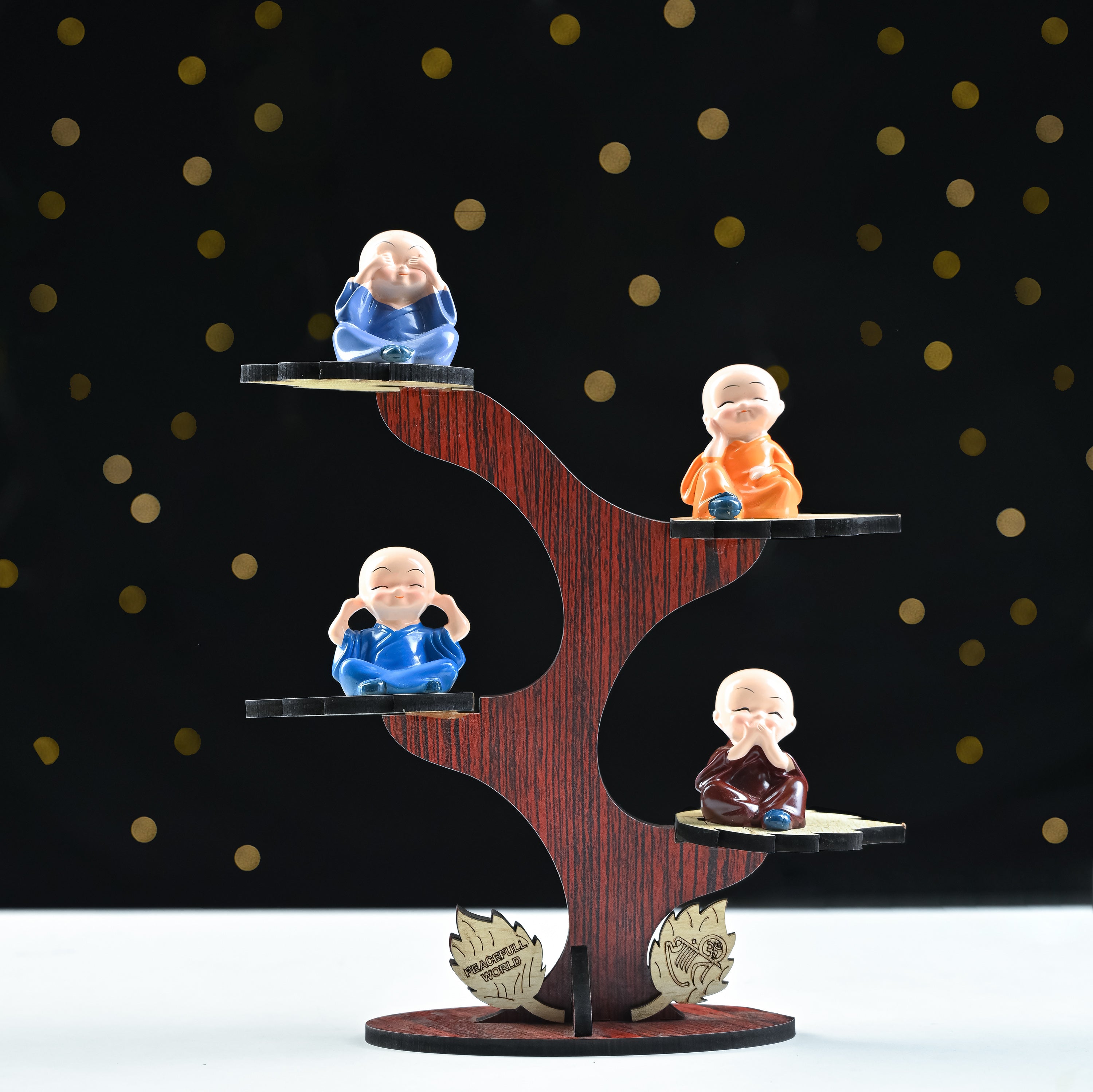 HindCraft 4 Monk Figurine Tree Showpiece with Wooden Stand for Home, Office Desk & Tabletop Décor