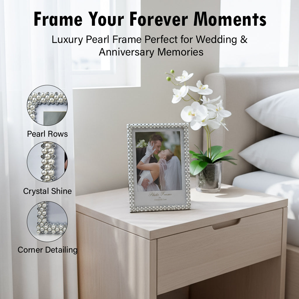 HindCraft Pearl Beaded Square Photo Frame | Elegant Decorative Picture Frame for Wedding, Anniversary, Couple & Family Photos | Tabletop Home Décor