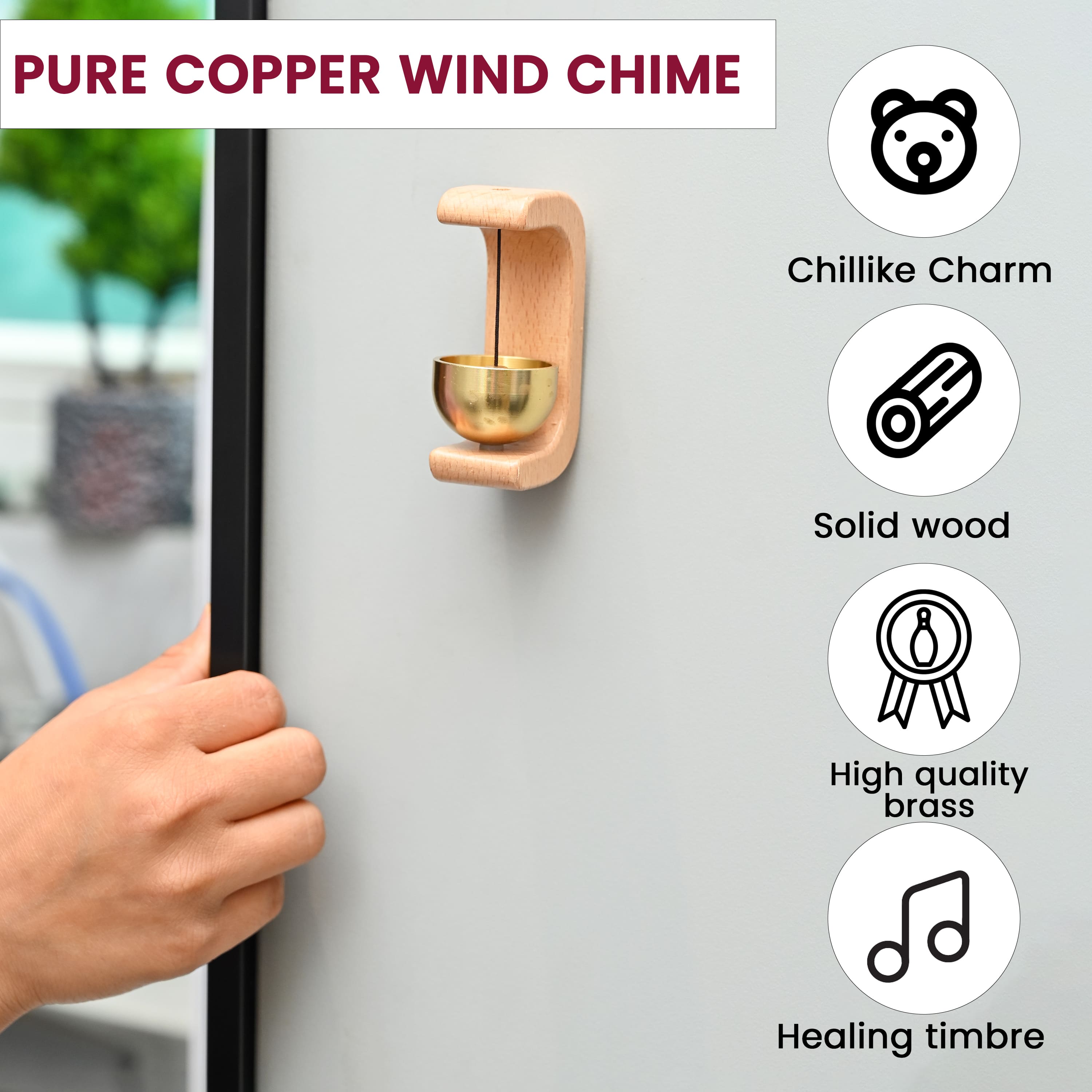 HindCraft Wooden Door Bell with Brass Hanging Bell – Wooden Door Chime for Home Entrance