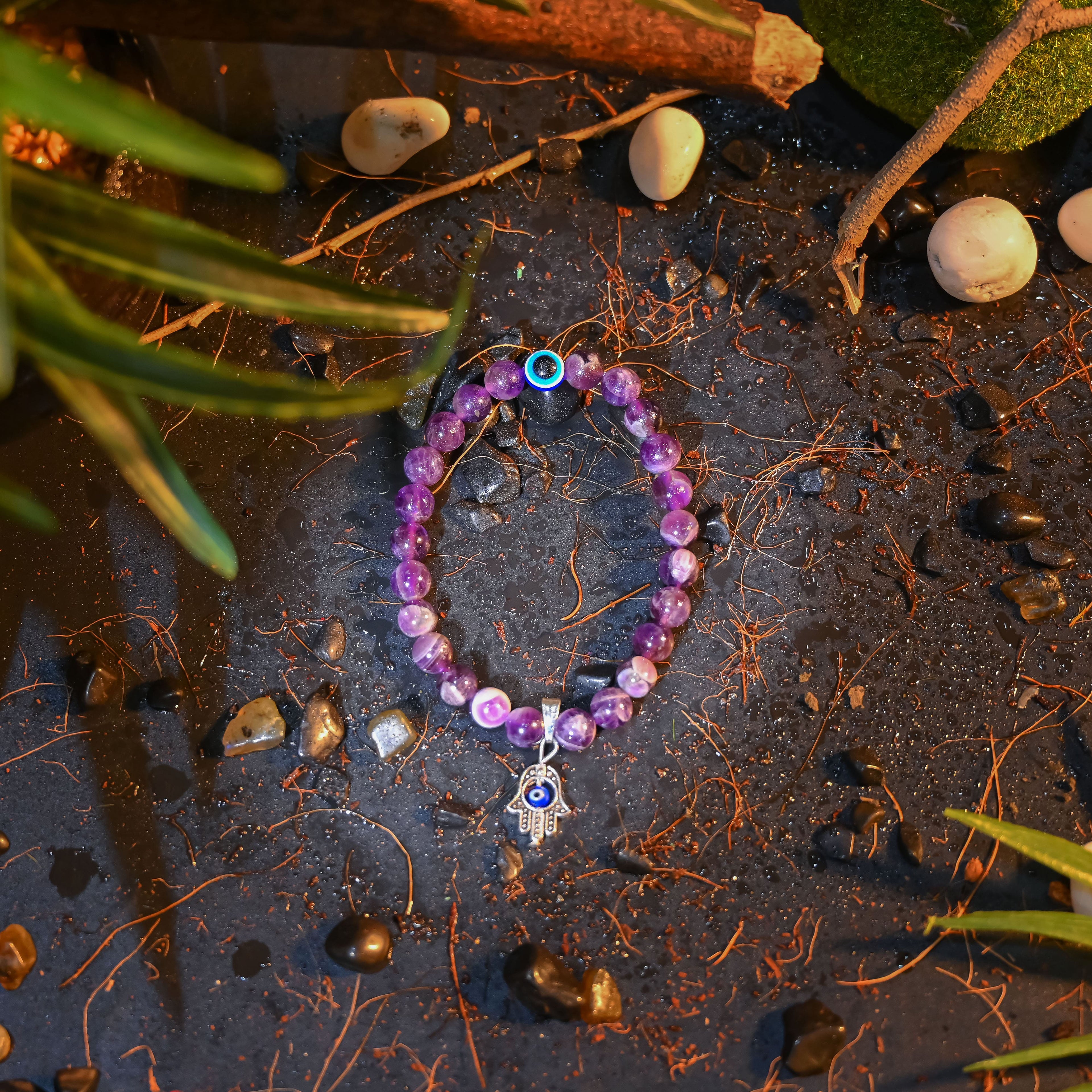 HindCraft Amethyst Evil Eye Bracelet with Hamsa Charm for Balance