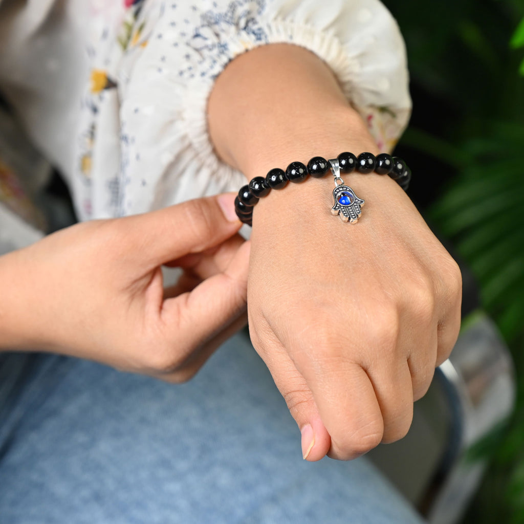 HindCraft Black Tourmaline Evil Eye Bracelet with Hamsa Protection