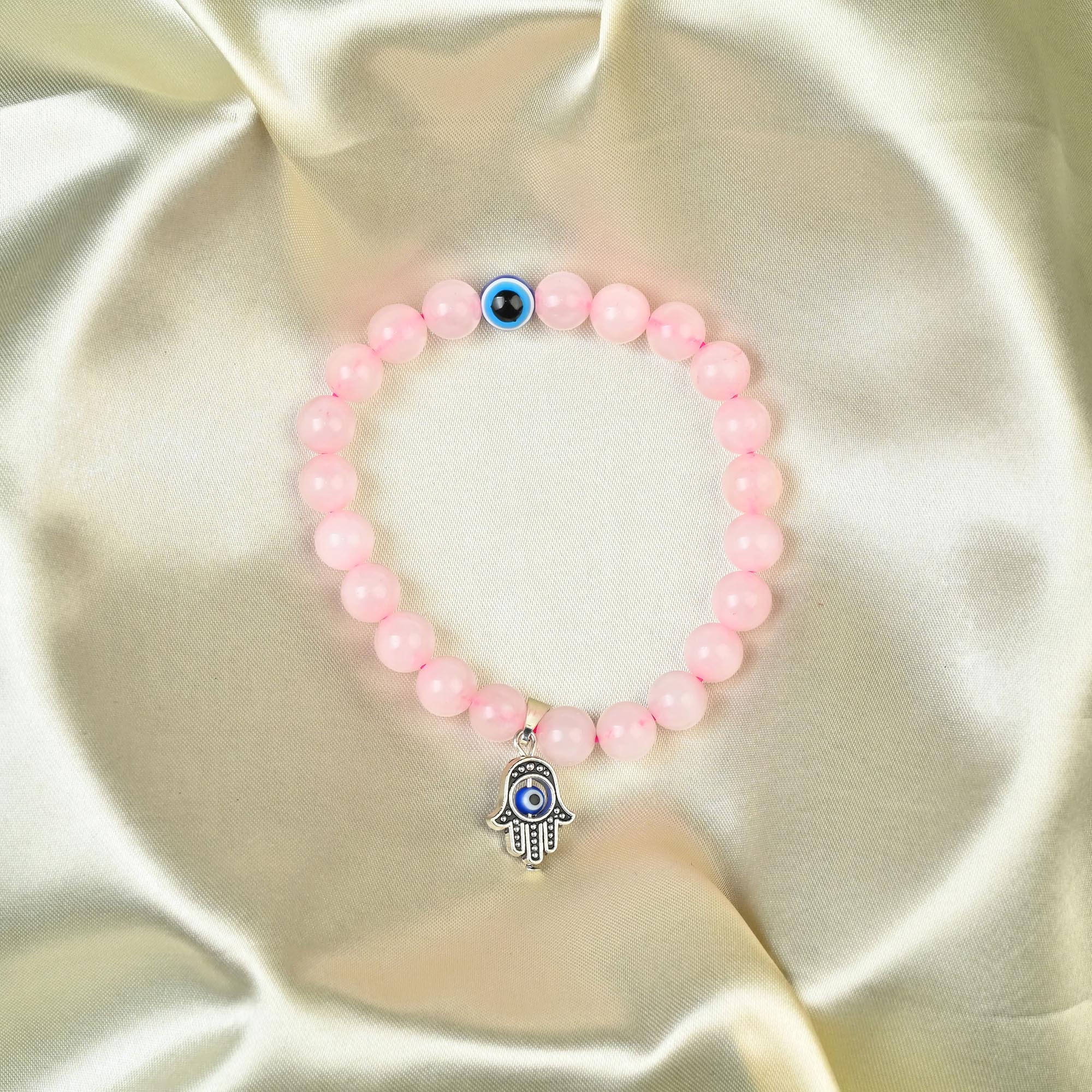 HindCraft Rose Quartz Evil Eye Bracelet with Hamsa Charm for Women